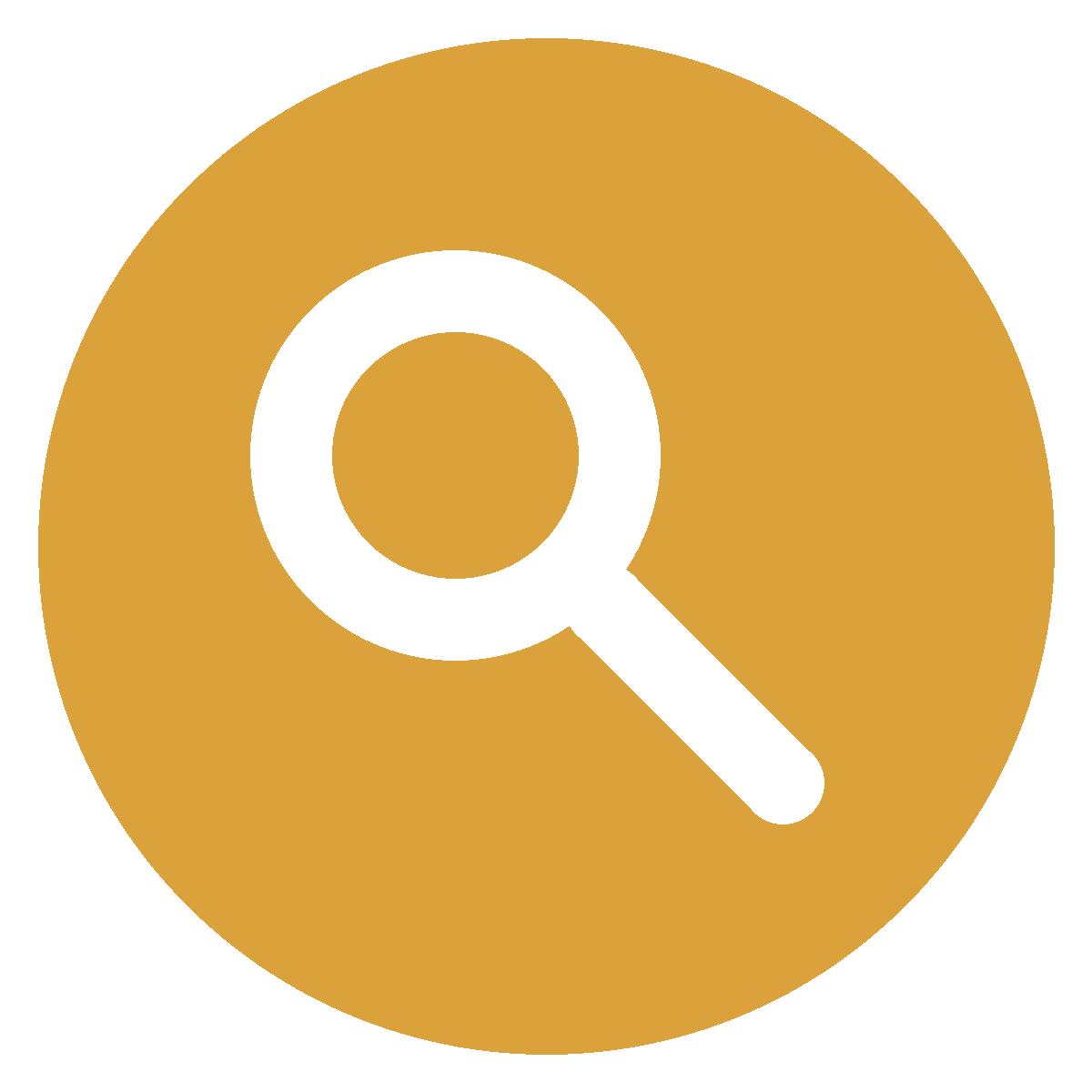 Magnifying glass icon on a gold circular background.