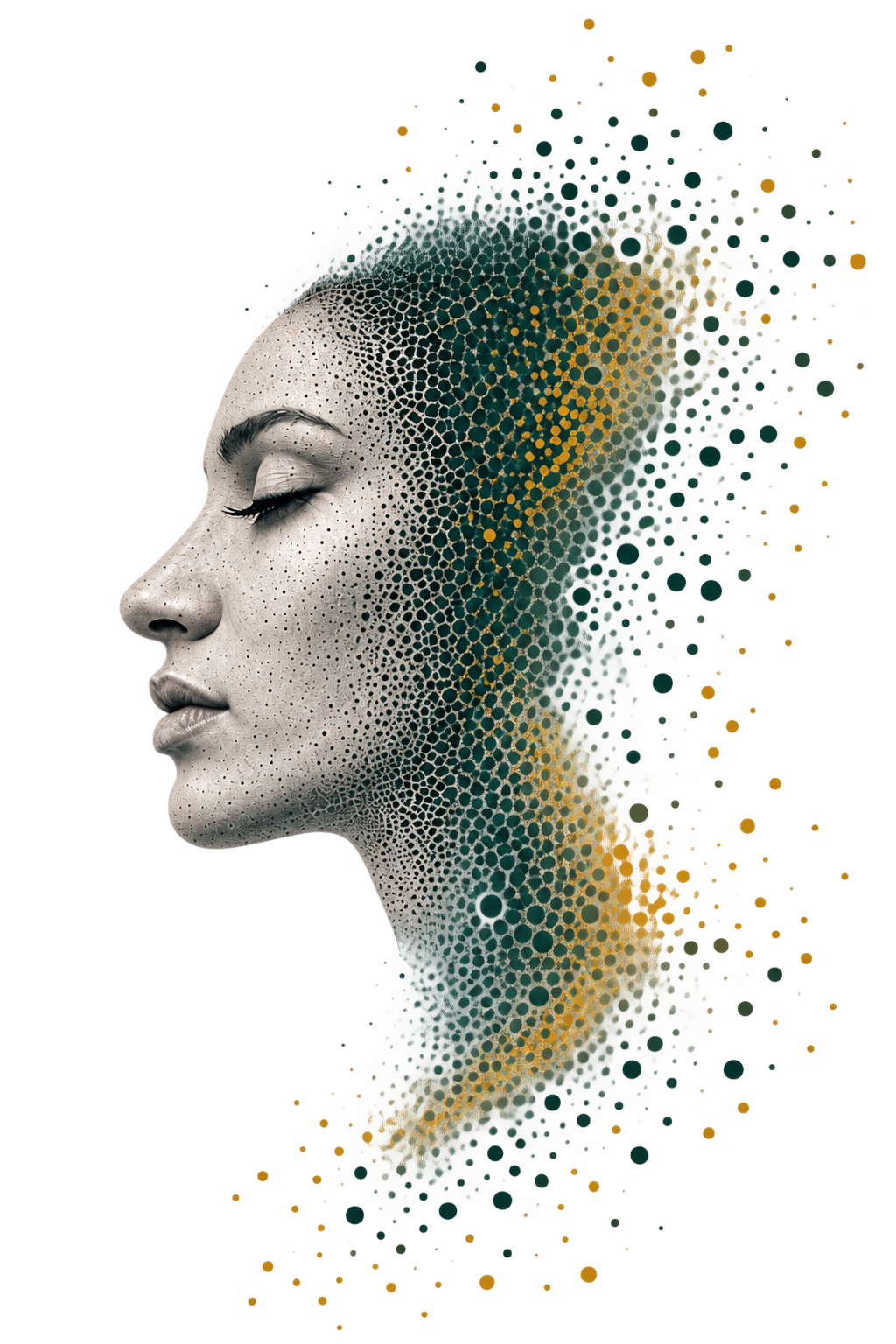Digital art of a woman's face in profile with closed eyes, blending into an abstract, dotted pattern that expands outward in shades of yellow and green.