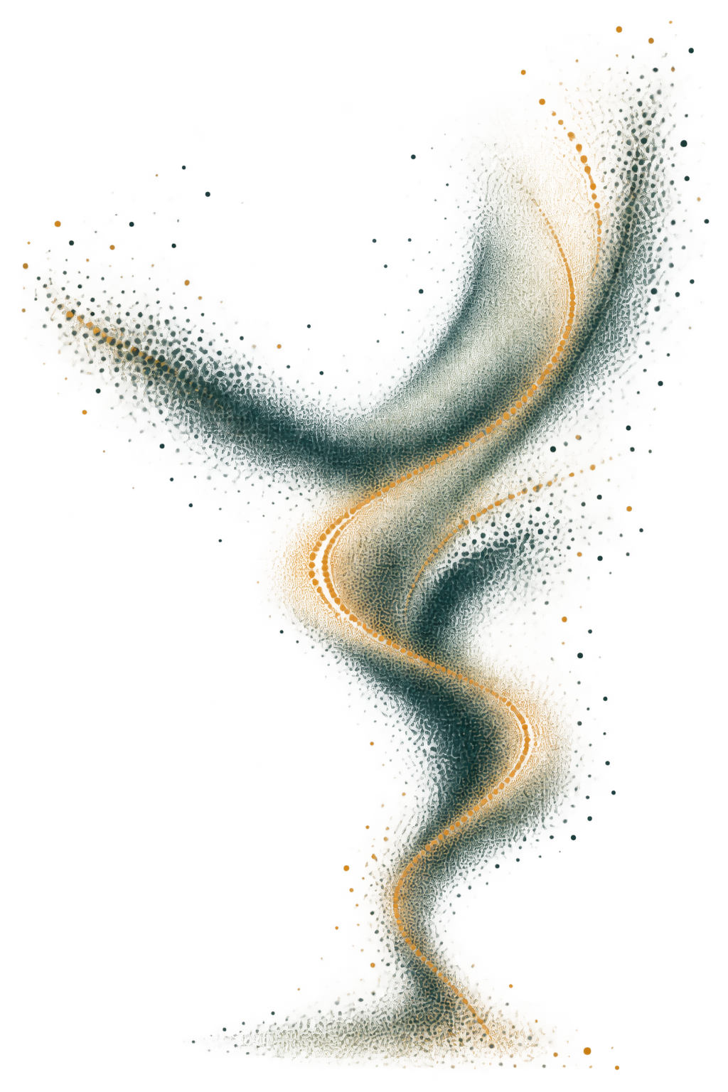 Abstract digital art with swirling patterns of orange, yellow, green, and purple dots and lines against a dark background