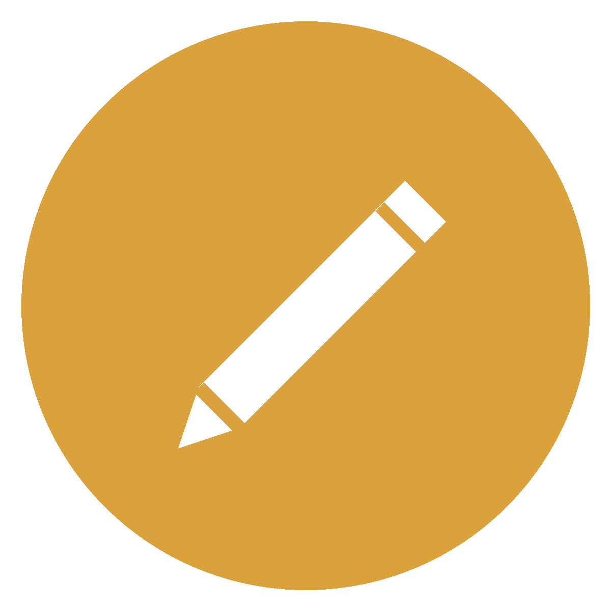 Icon of a white pencil on a gold circular background.