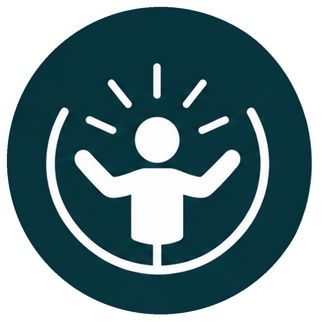 Icon of a person with their arms raised and a sun behind their head, symbolizing well-being or happiness.