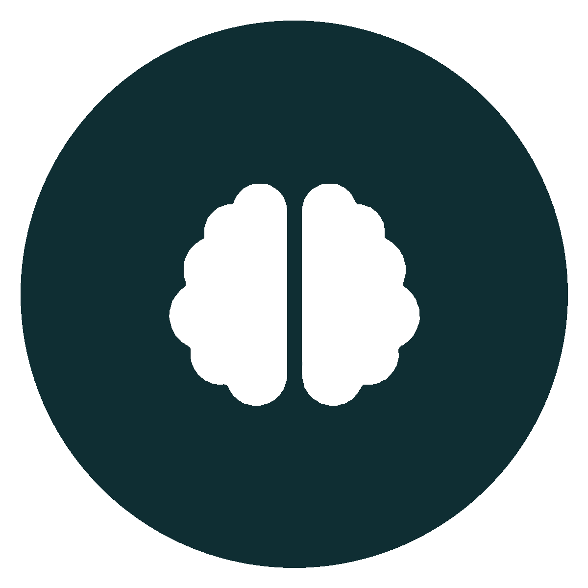 Icon of a brain in white inside a dark blue circle.