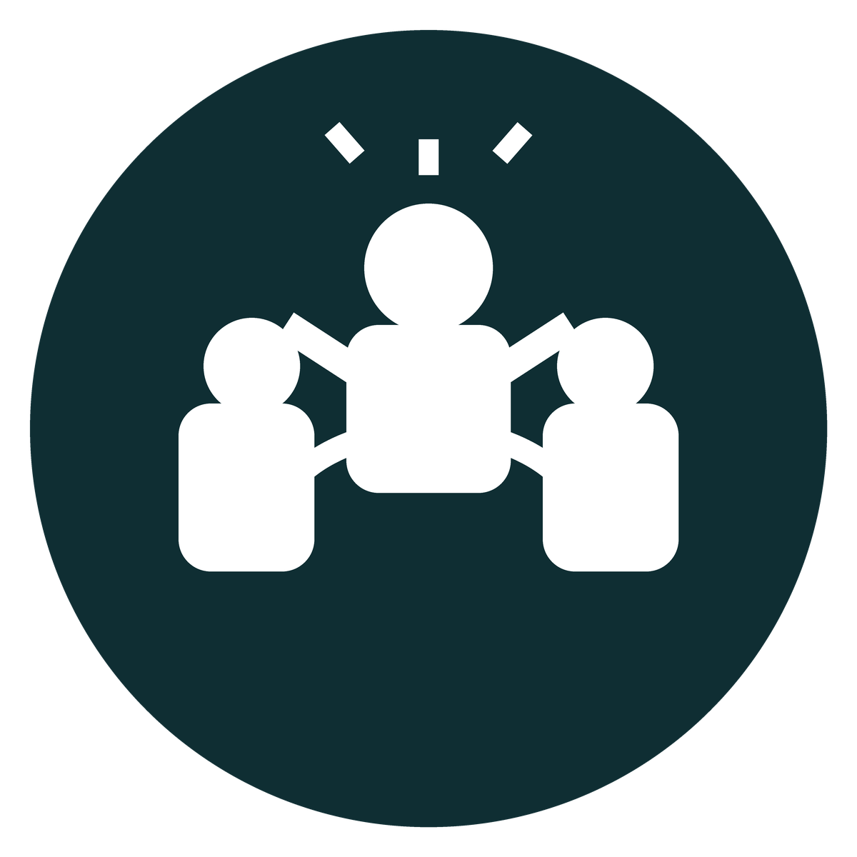 Silhouette of three human figures holding hands, with the central figure having three lines above the head indicating surprise or alarm, all enclosed in a dark circle background.