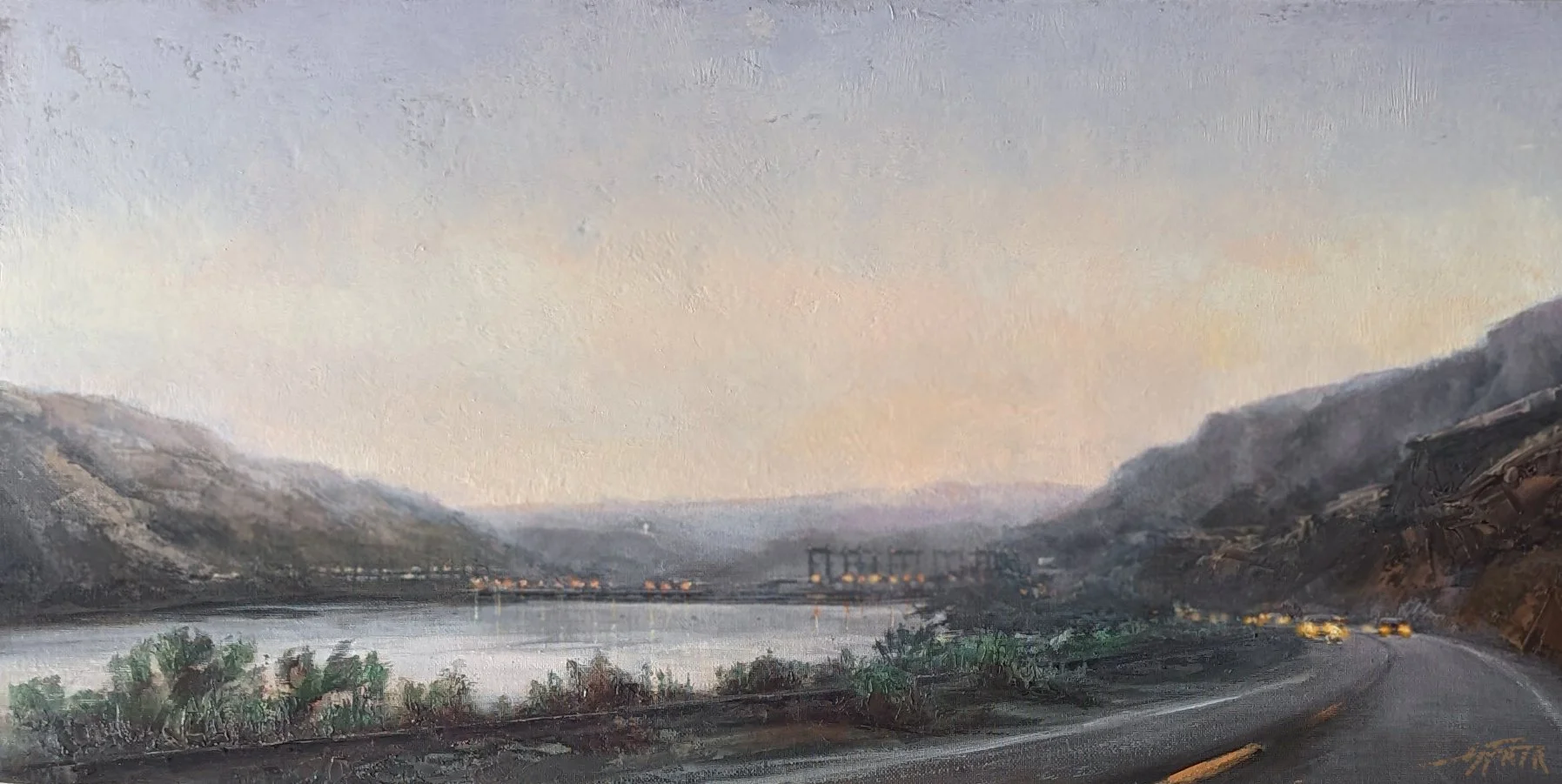 Rocky Reach Dam Lights on the Columbia, 12x24", oil on canvas, sold