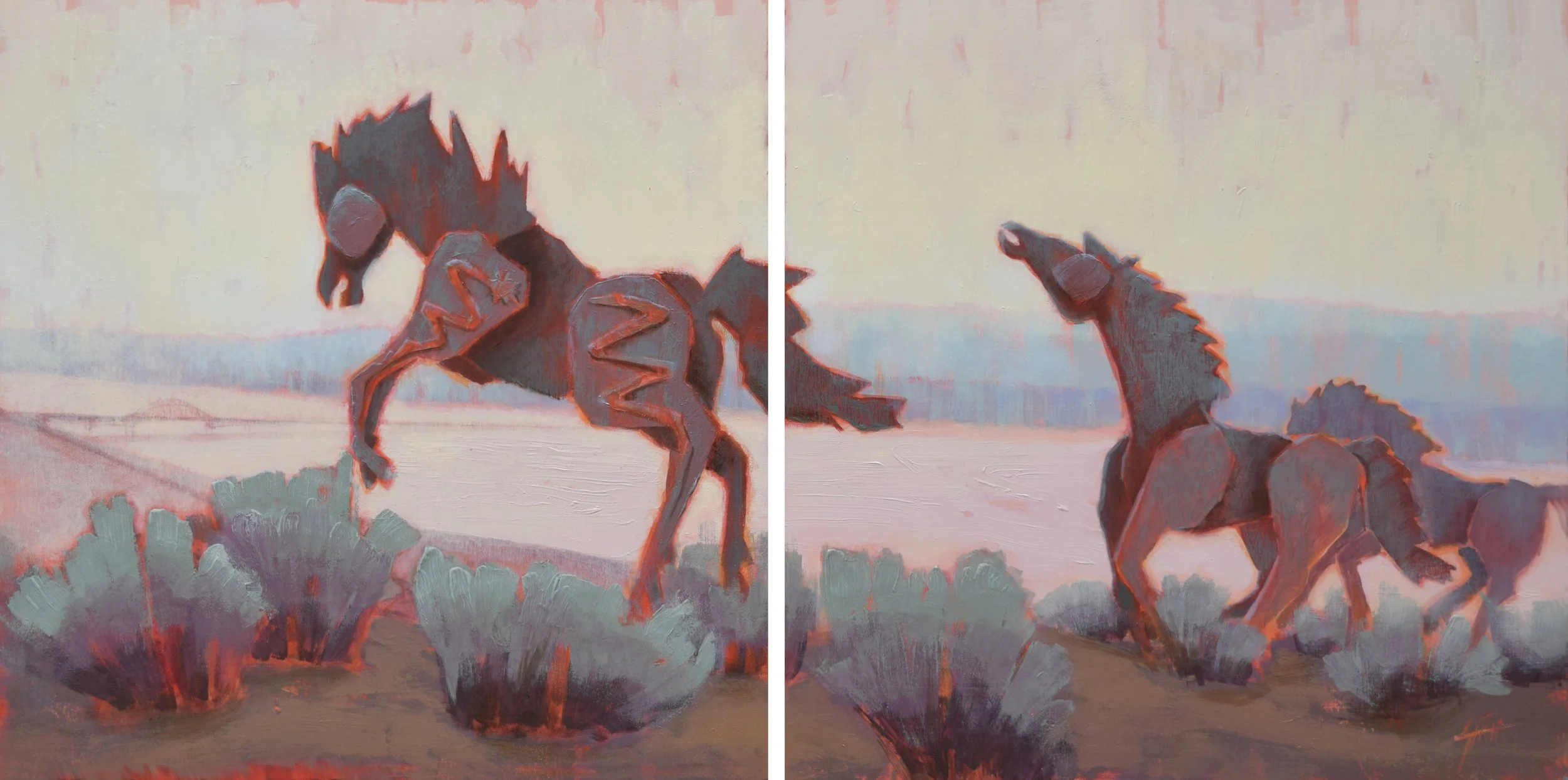 Wild Horses, diptych, 20x20", oil on panel, available $3000