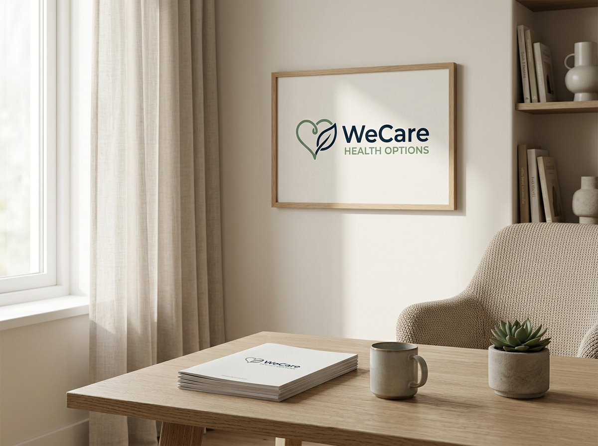 Office room with a wooden table, a stack of WeCare brochures, a mug, and a small potted succulent plant. A framed WeCare logo with a heart and leaf design hangs on the wall, and bookshelves with decorative items are in the background.