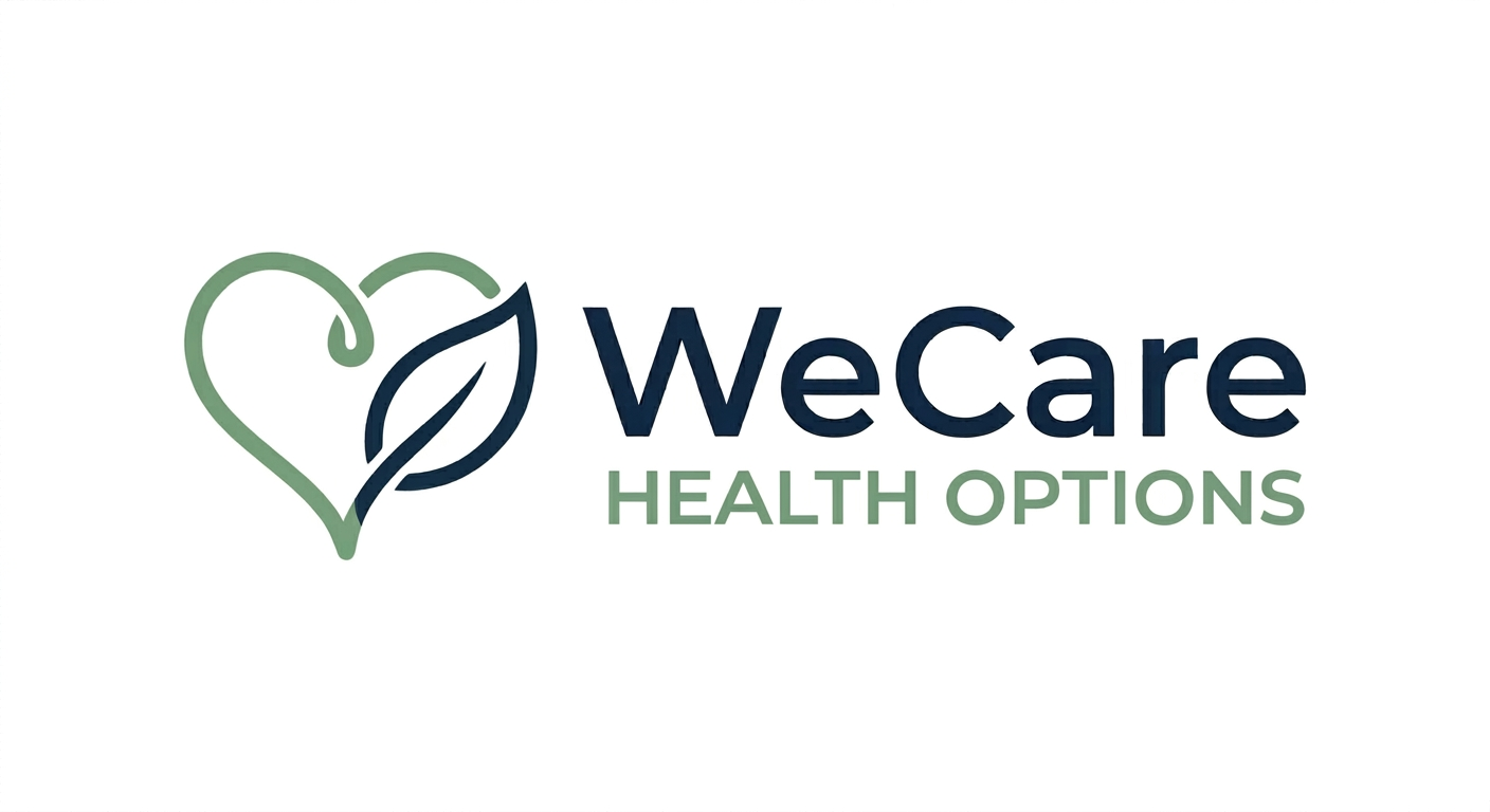 Logo for WeCare Health Options featuring a heart outline with a leaf inside.