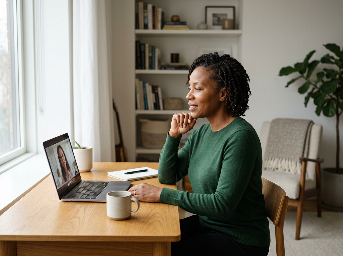A person engaged in a video call on her laptop, sitting at a wooden table with a mug, notepad, and pen, in a well-lit room with a bookshelf and a large plant in the background.