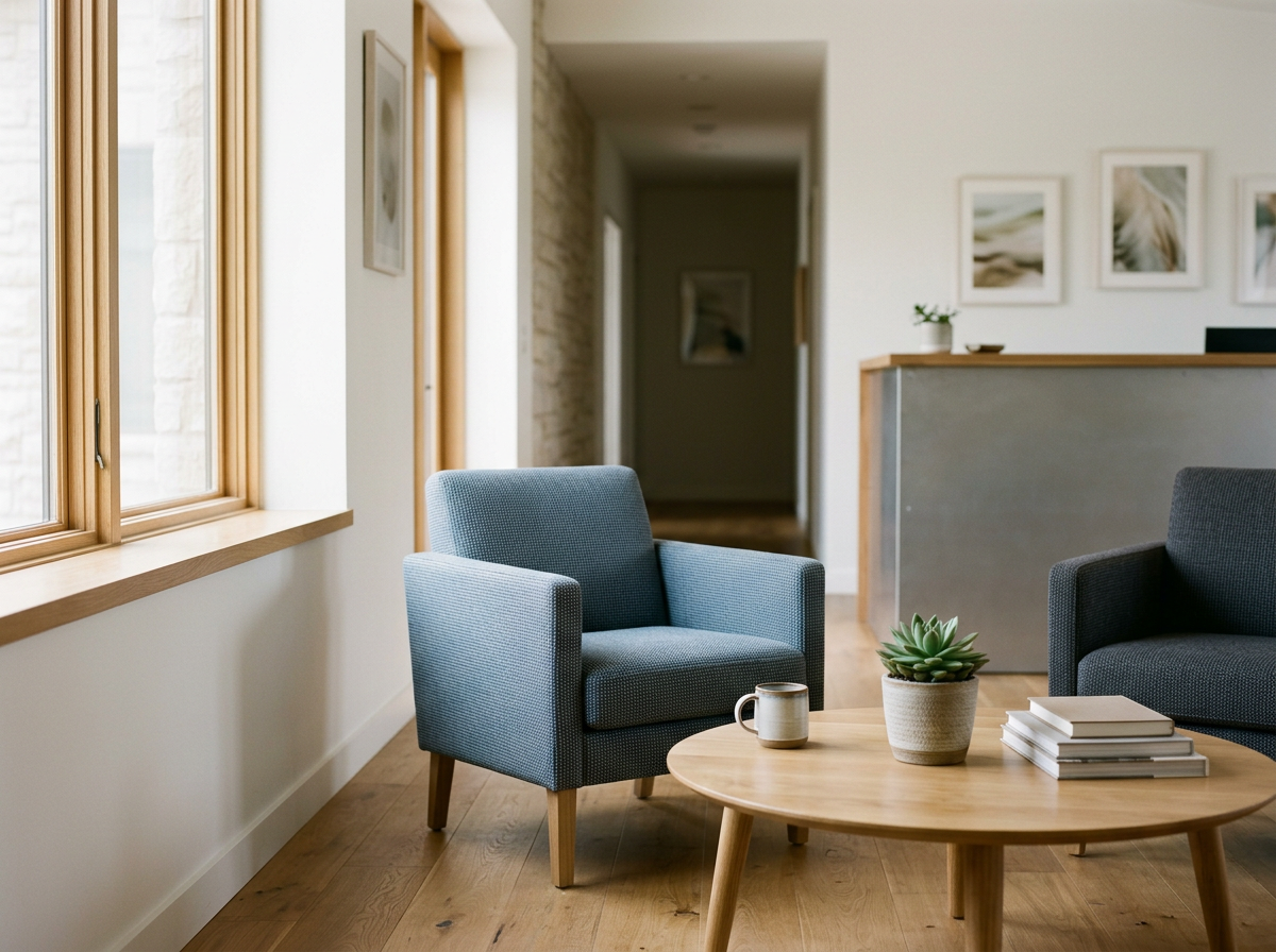 Cozy living room with blue armchair, black sofa, round wooden coffee table, potted succulent, and framed artwork on white walls.