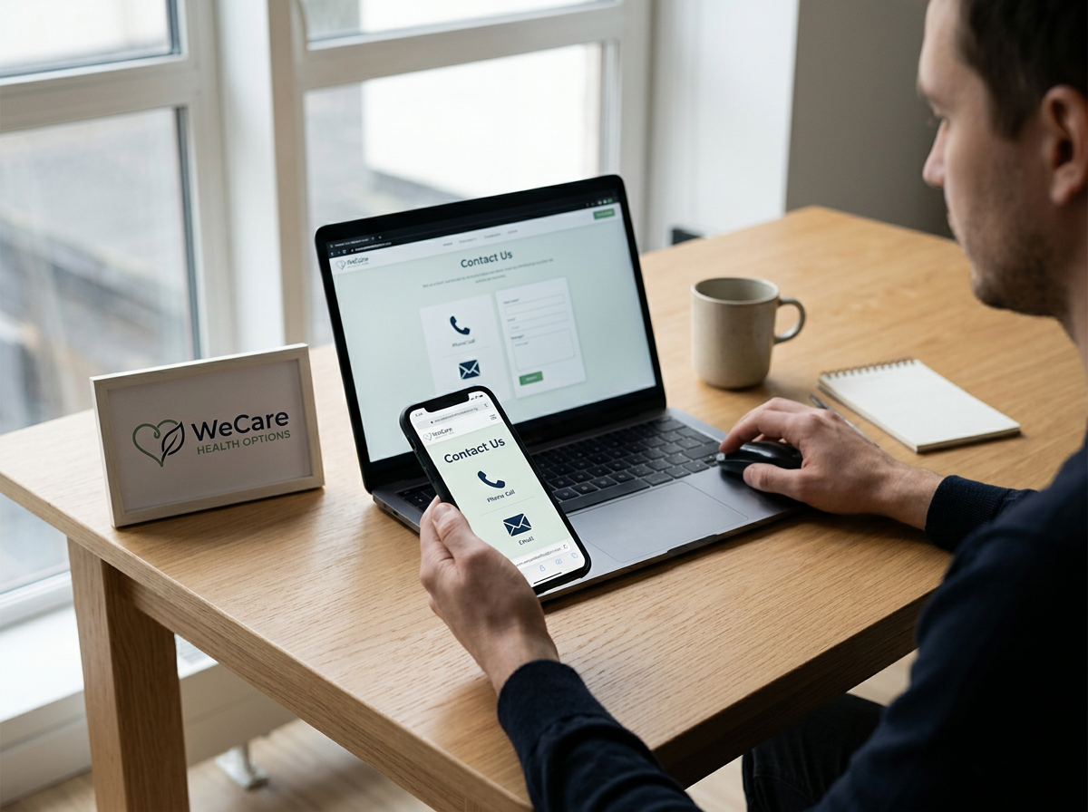 A man sitting at a wooden desk using a smartphone and laptop to browse a healthcare contact page. There is a sign on the desk with the WeCare Health Options logo, a beige mug, and a small notepad.