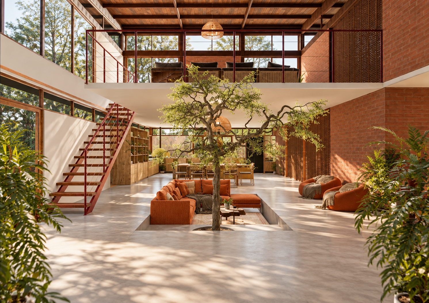 Sala tropical contemporânea com mezanino e árvore central.png
