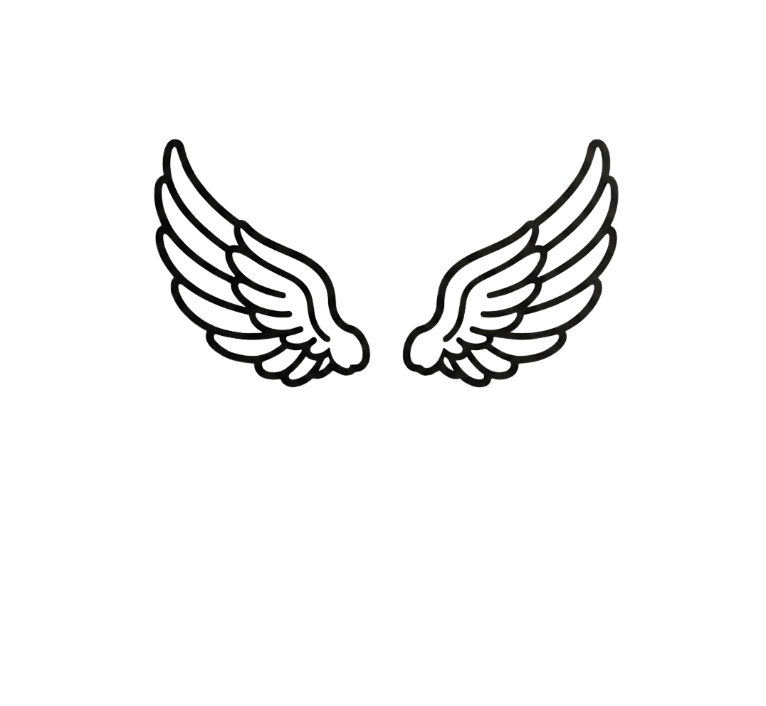 Black graphic of angel wings with text 'Angel Wings' below.