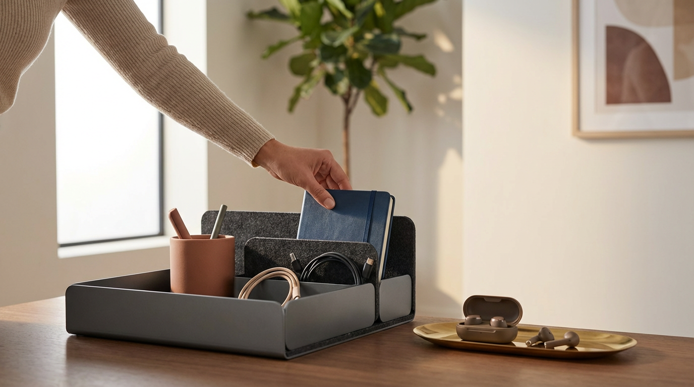 A person organizes a desk with a gray storage box filled with notebooks and cords, with a pair of wireless earbuds in a case on a gold tray nearby, inside a well-lit room with a window and a potted plant.