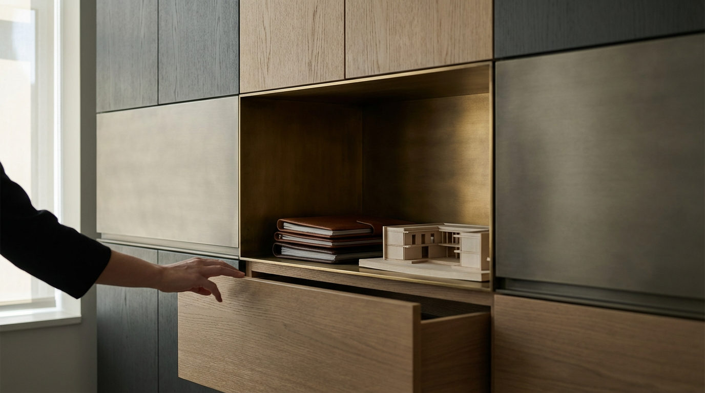 A wooden cabinet with open drawers and compartments, containing folders and architectural models, near a window.