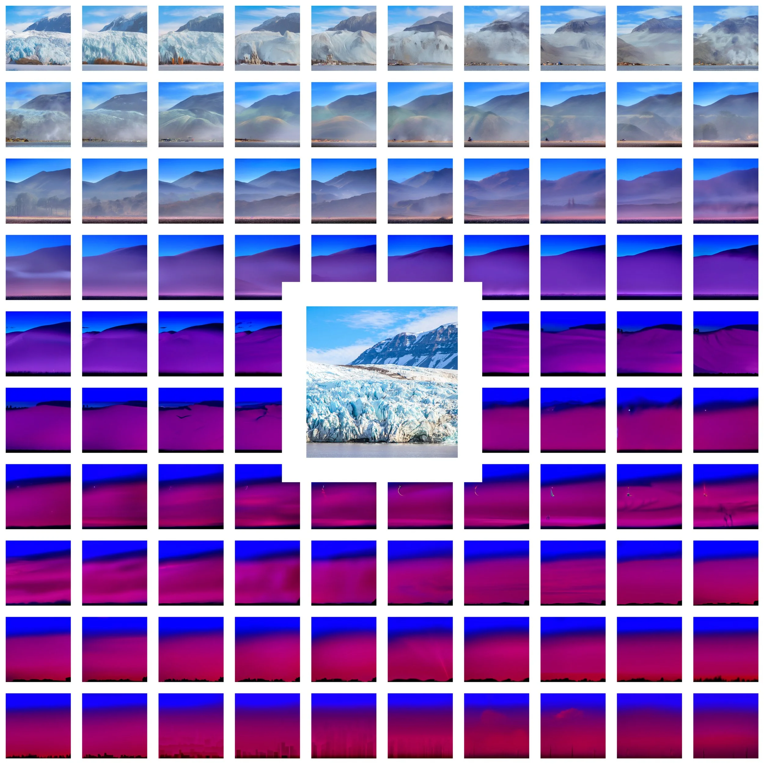 Ecologies of Noise by Maria Mavropoulou, showing an endangered glacier transformed through a recursive AI feedback loop.