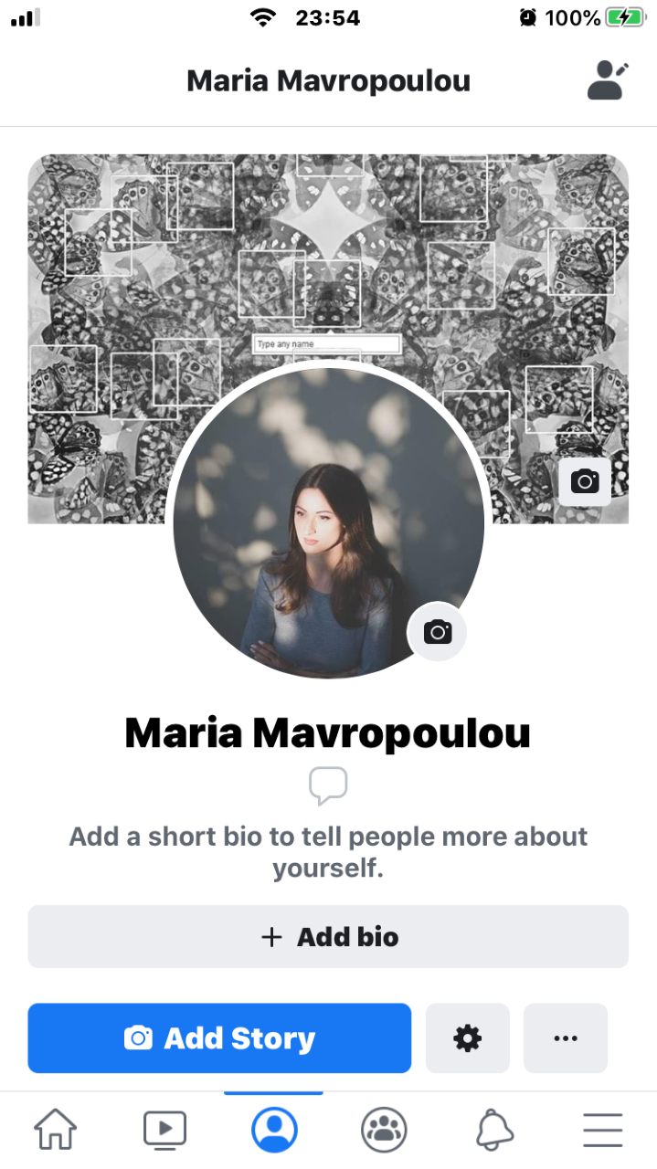 Facebook self-portrait from 8,5 Faces, showing a carefully selected profile photograph and cover image while exploring fractured identity, public persona and staged self-presentation on social media.