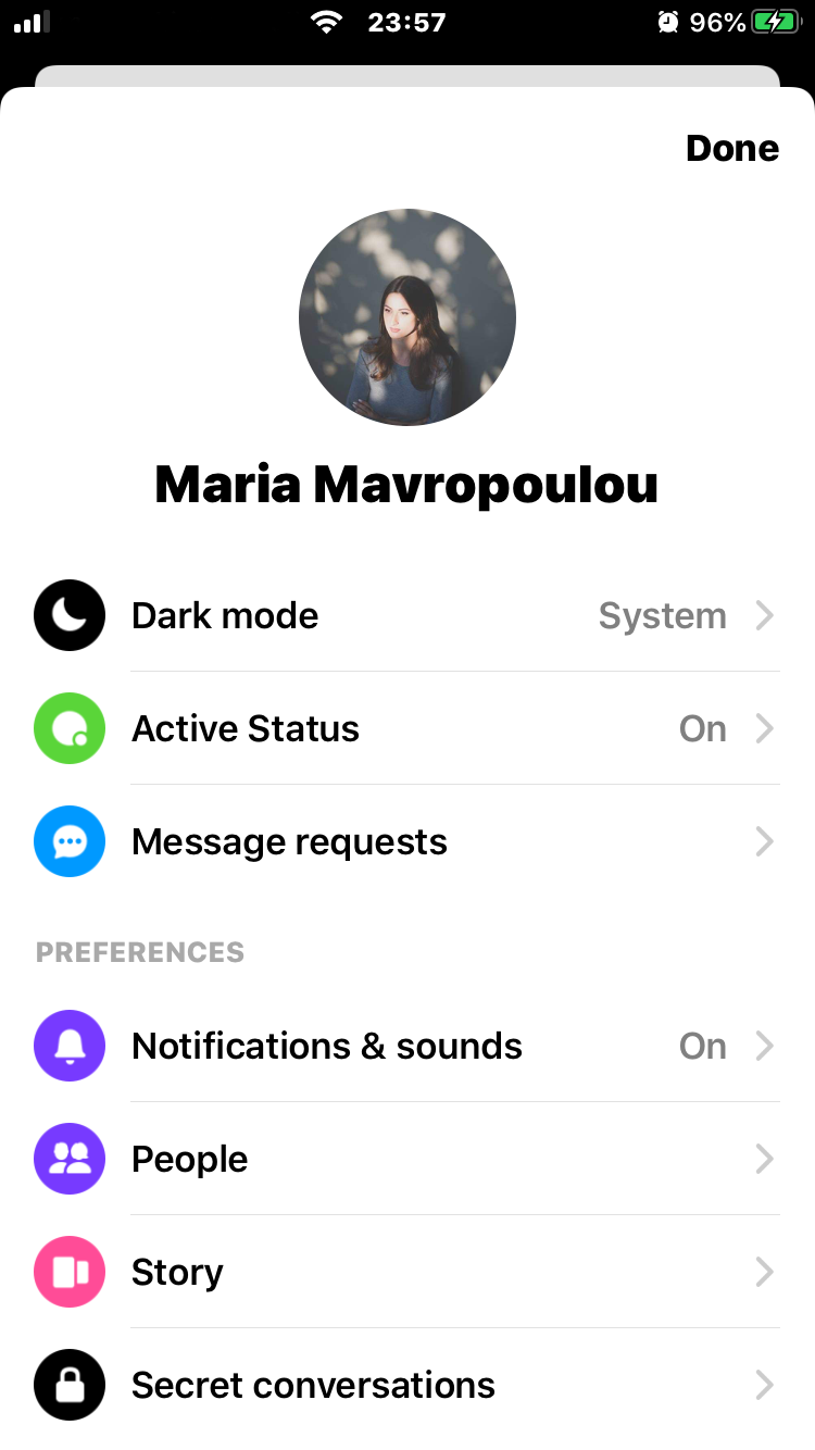 Messenger self-portrait from 8,5 Faces, showing Maria Mavropoulou within a messaging interface and examining how digital communication selectively presents intimate and social aspects of identity.
