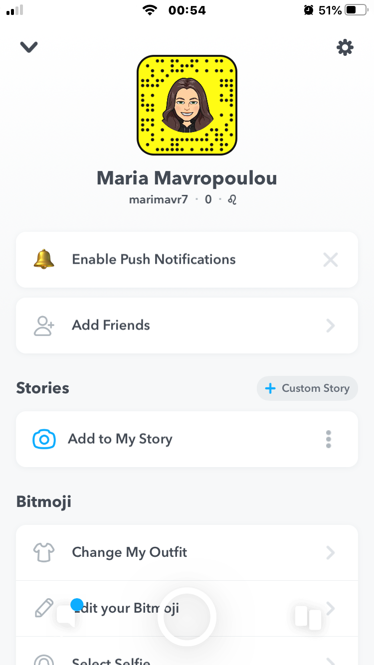 Snapchat self-portrait from 8,5 Faces, representing Maria Mavropoulou through a Bitmoji and Snapcode and exploring avatar identity, playful performance and the curation of personality online.