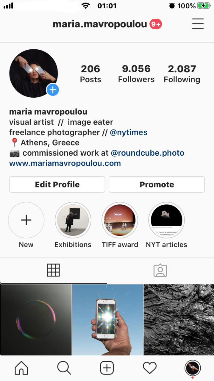 Instagram self-portrait from 8,5 Faces, presenting Maria Mavropoulou as a visual artist, image eater and photographer while exploring curated identity, personal expression and performative artistic personas.
