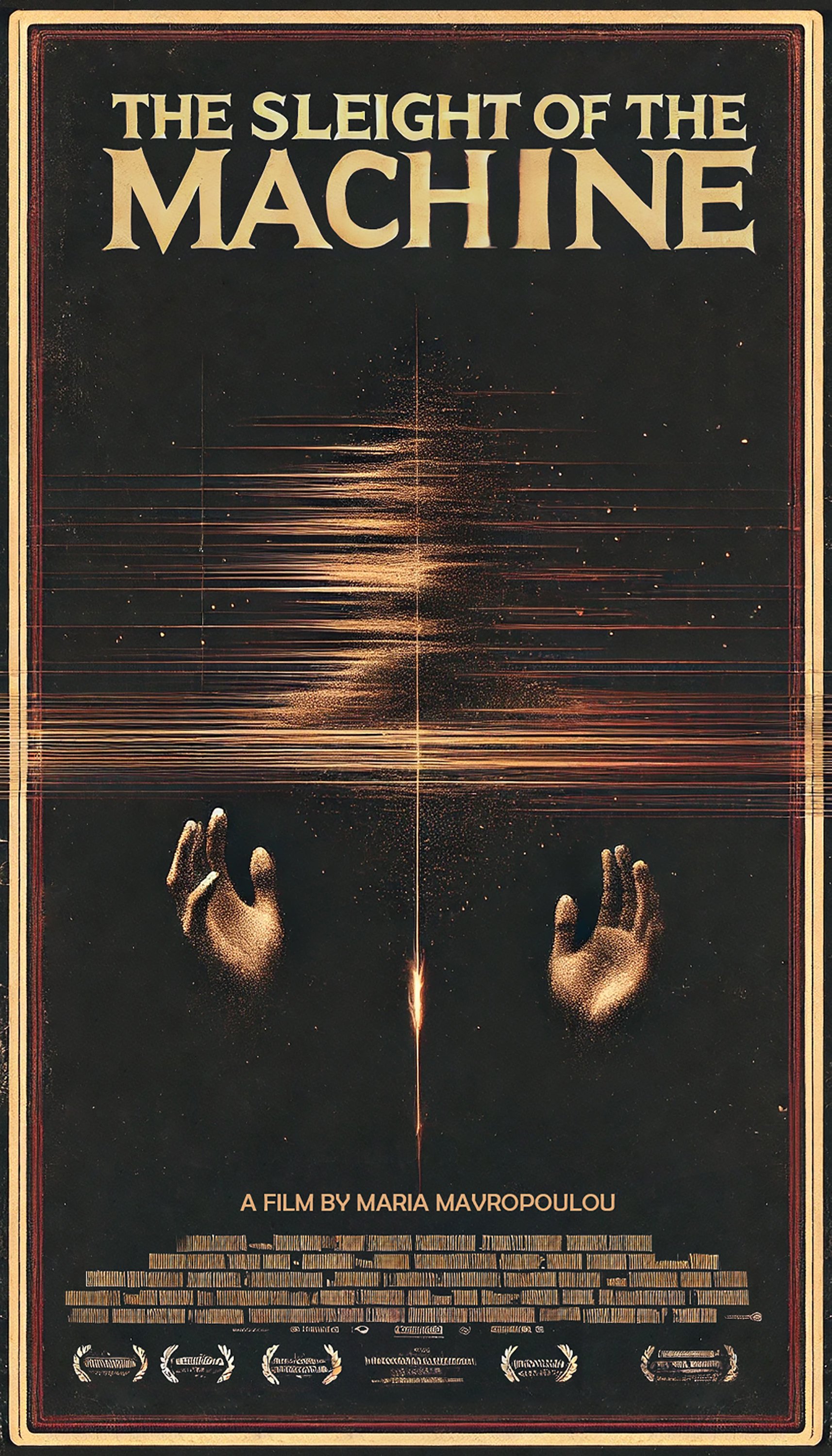 Poster for The Sleight of the Machine, with disembodied hands and a vertical glow evoking magic, AI deception and unstable reality.