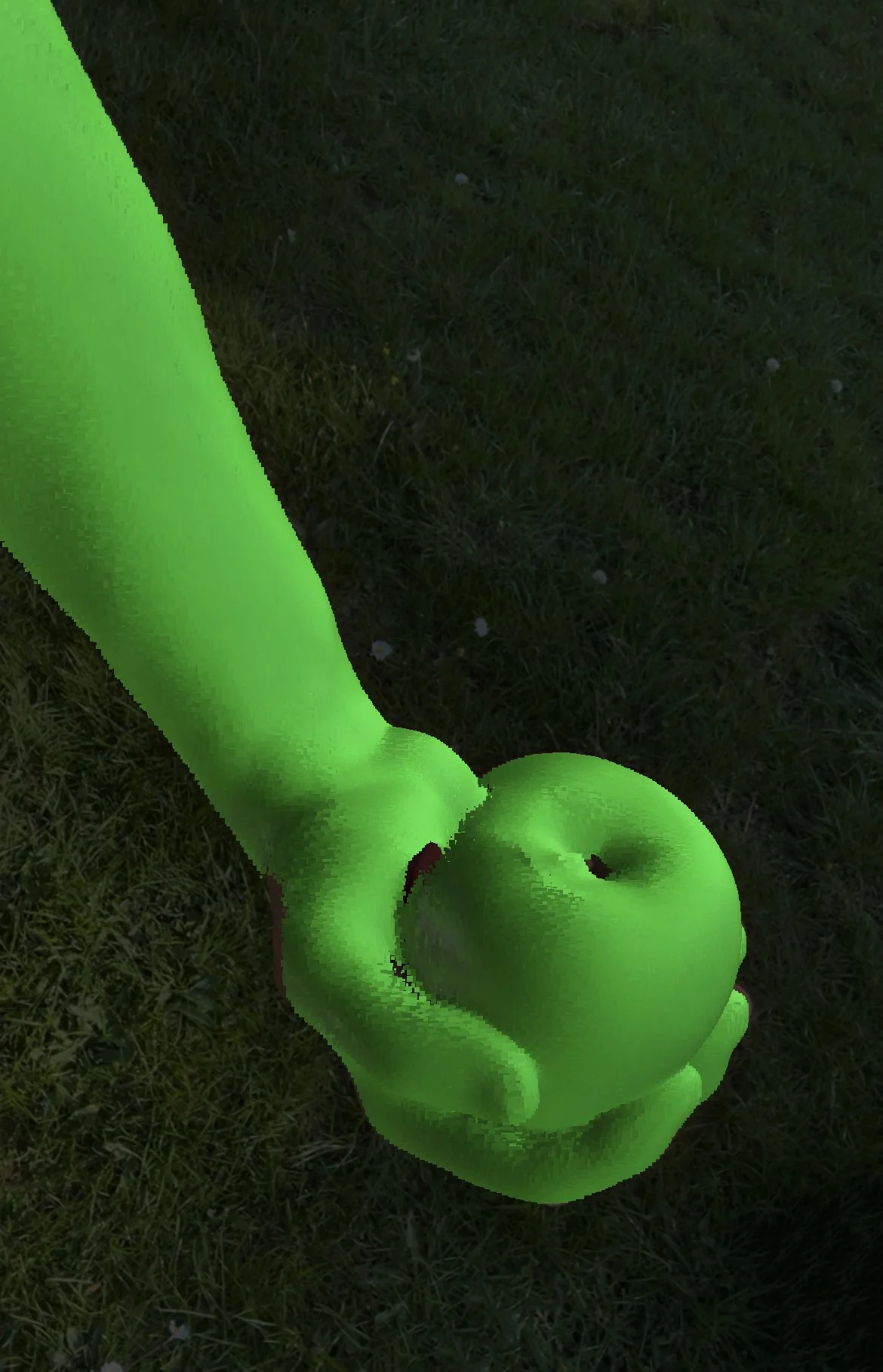 LiDAR-based 3D scan of a green-tinted body holding fruit from A Hollow Garden, exploring intimacy and physical presence through digital mediation.