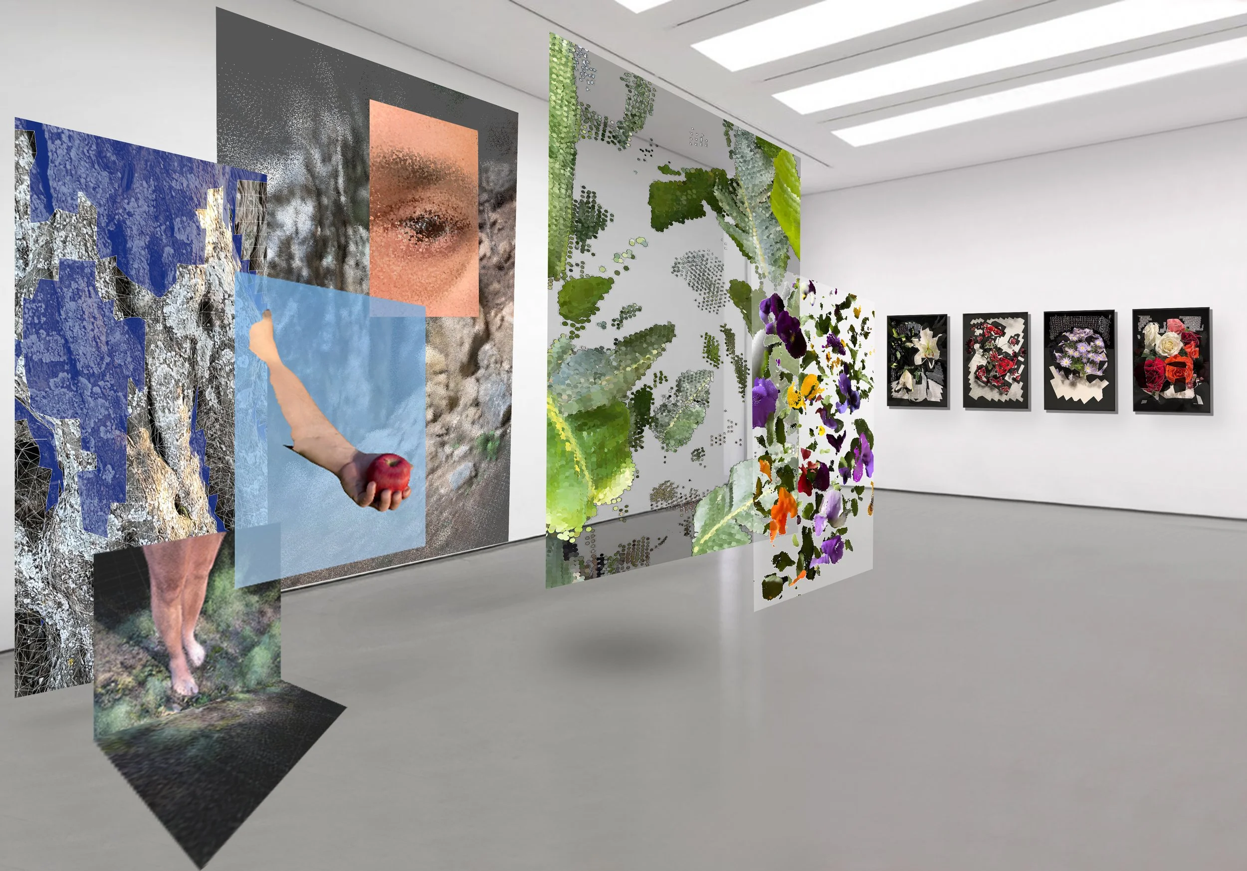 Installation proposal for A Hollow Garden, bringing fragmented LiDAR-based 3D scans of bodies, intimate environments and landscapes into physical space.