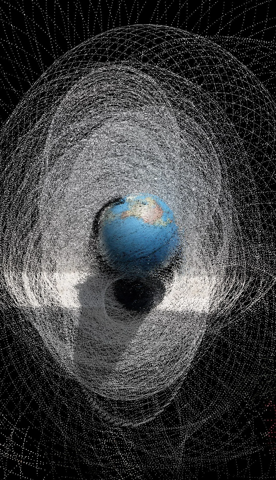 LiDAR-based image from A Hollow Garden, where a fragmented globe suggests physical space translated through digital imaging technologies.