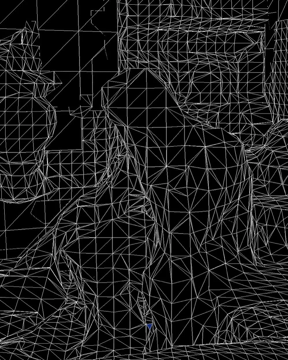 Wireframe LiDAR-based 3D scan of a sitting figure from A Hollow Garden, where the body is fragmented through digital imaging technologies.
