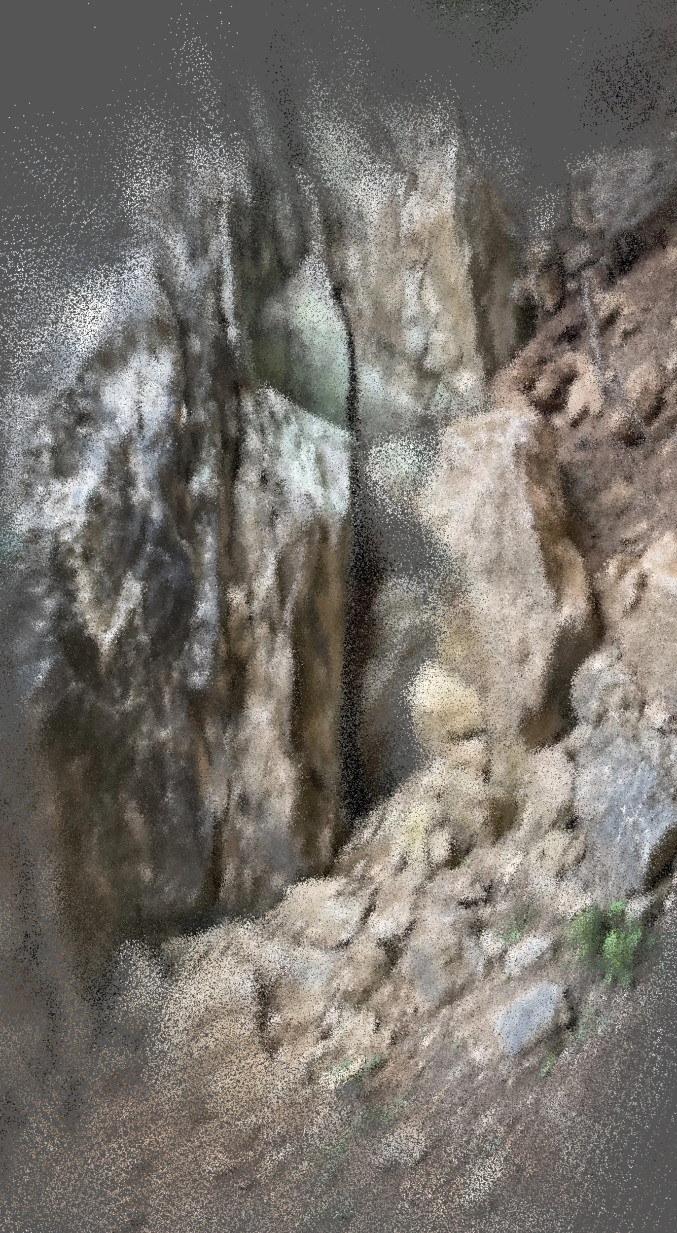 Fragmented LiDAR-based 3D scan of a landscape from A Hollow Garden, translating physical space into a horizonless digital image.
