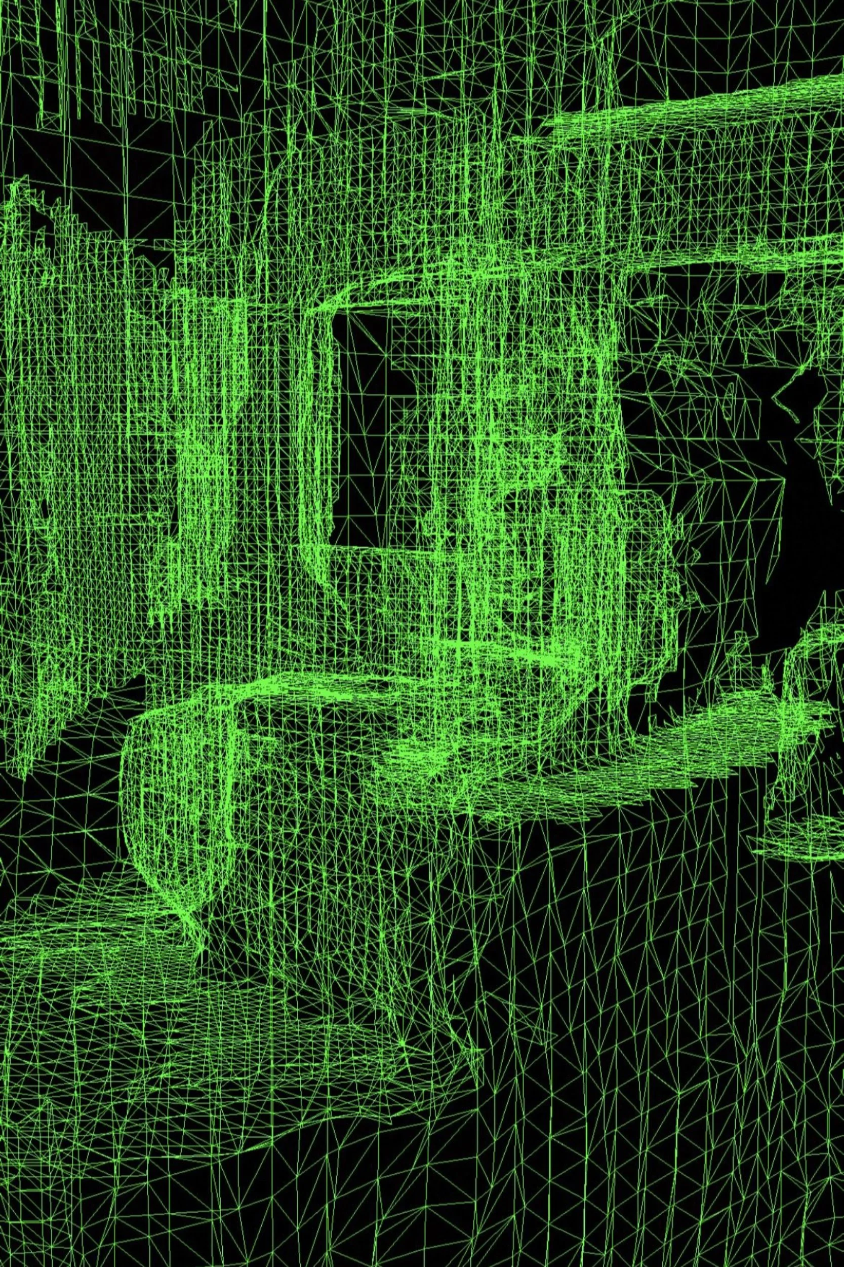 LiDAR-based 3D scan of an intimate domestic environment from A Hollow Garden, fragmented and horizonless through digital mediation.