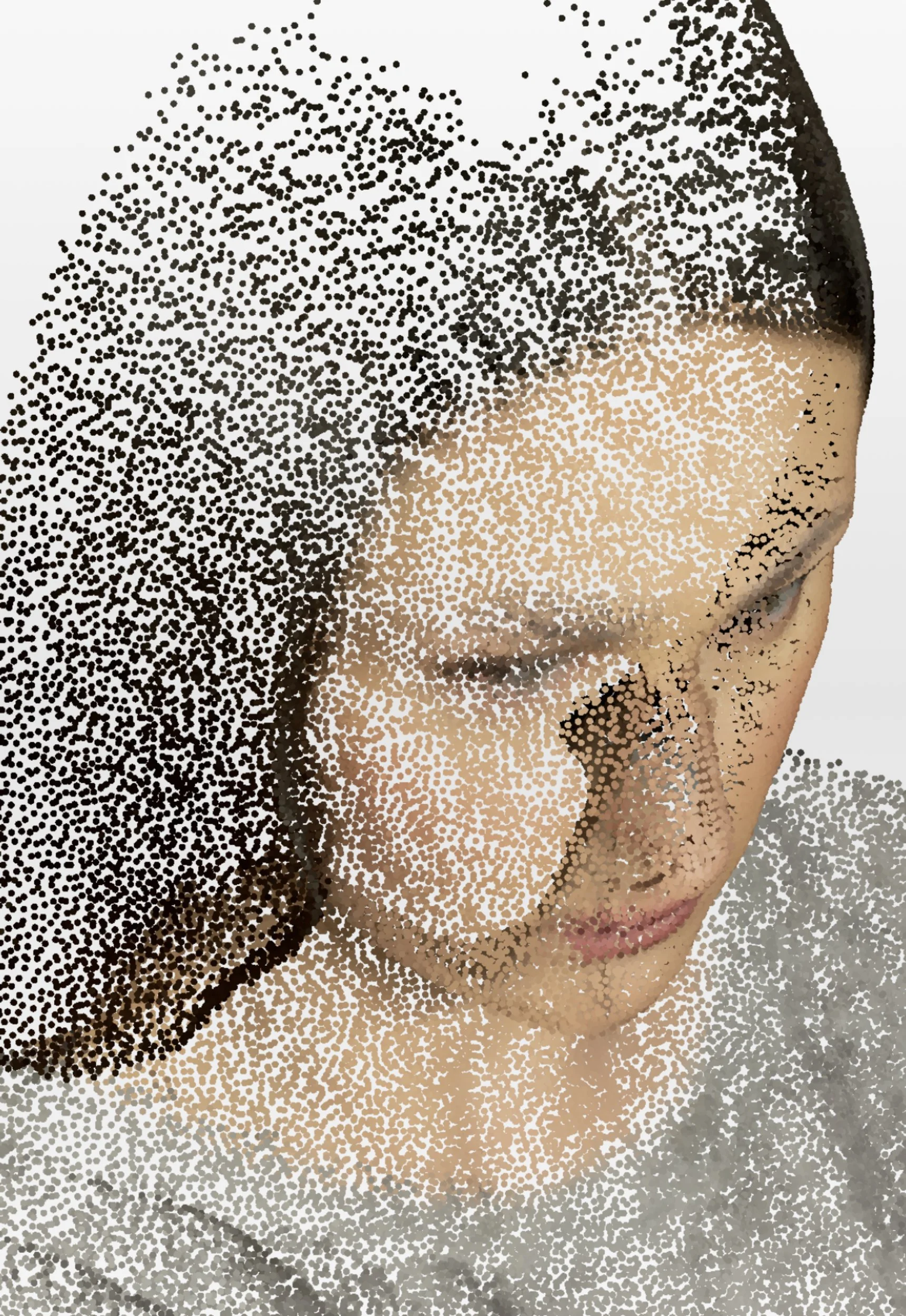 Point-cloud portrait from A Hollow Garden, exploring identity, bodily intimacy and the fragmented viewpoint of digital imaging.