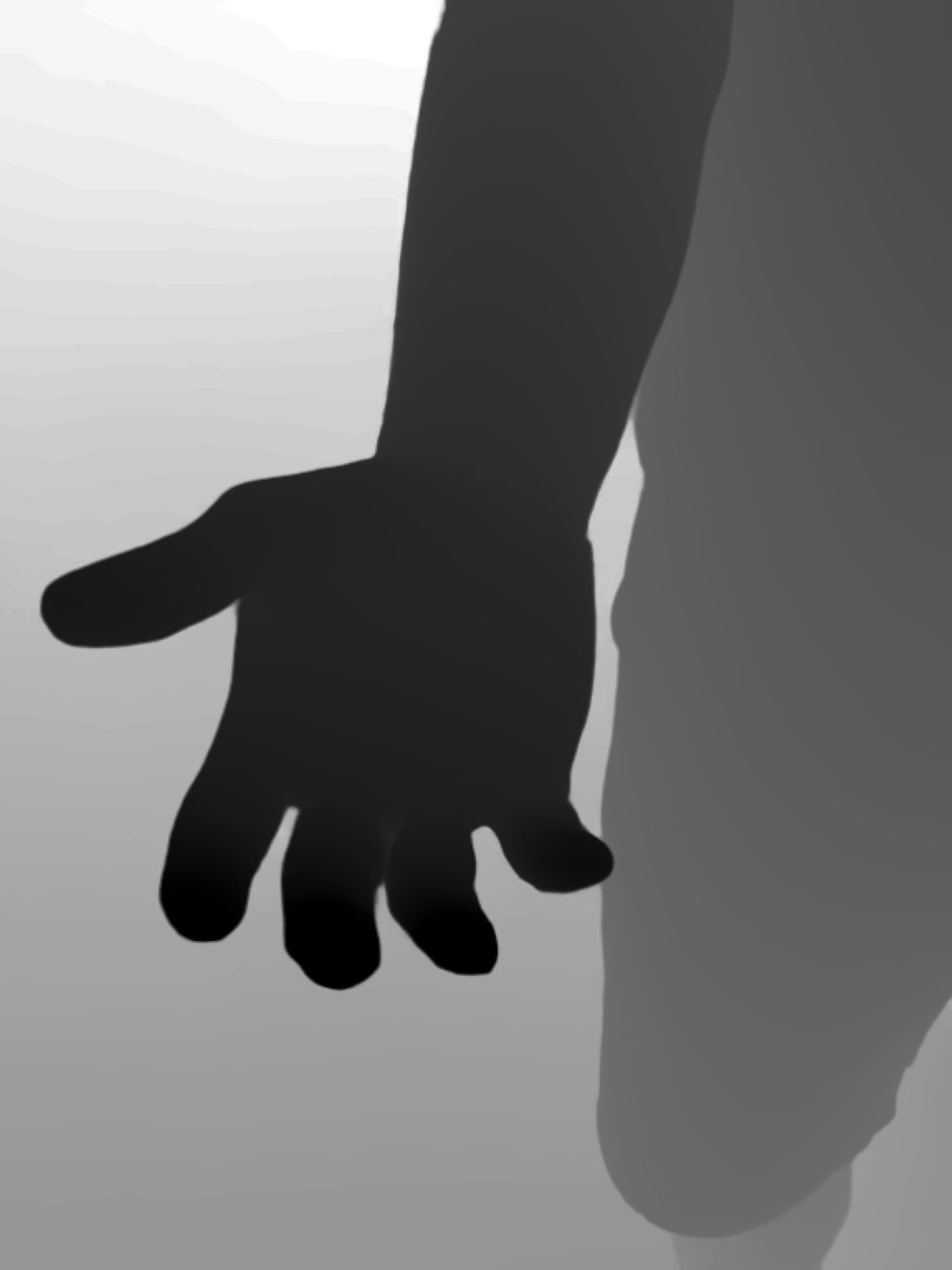 Depth-map image of a reaching hand from A Hollow Garden, exploring touch, distance and bodily intimacy through digital imaging technologies.