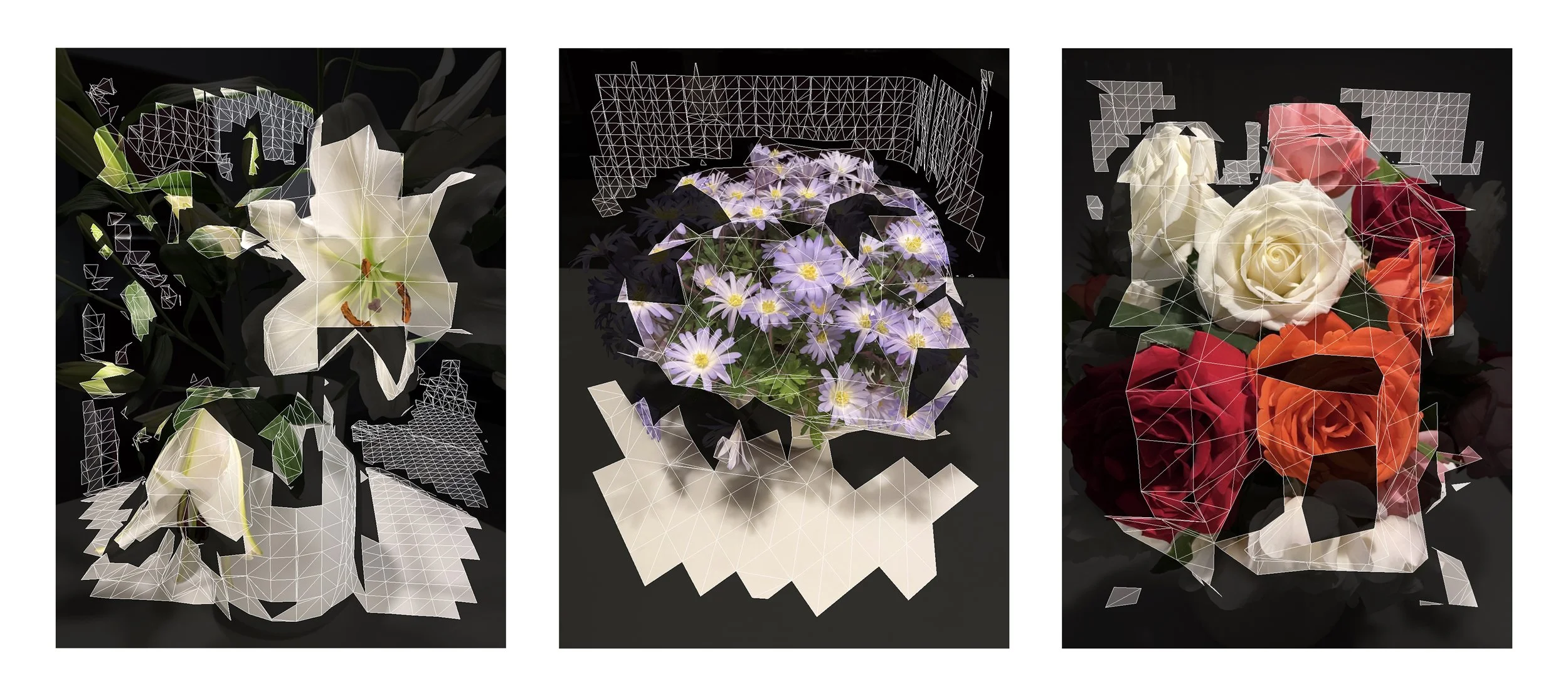 Three fragmented 3D scans of flower arrangements from A Hollow Garden, where ecology is preserved as a fragile digital fossil.