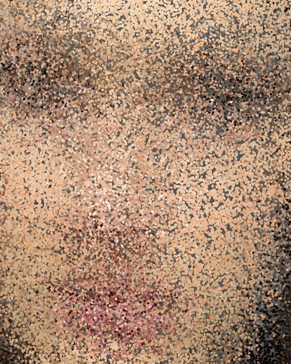 Point-cloud close-up of the body from A Hollow Garden, exploring intimacy and physical presence through fragmented digital imaging.