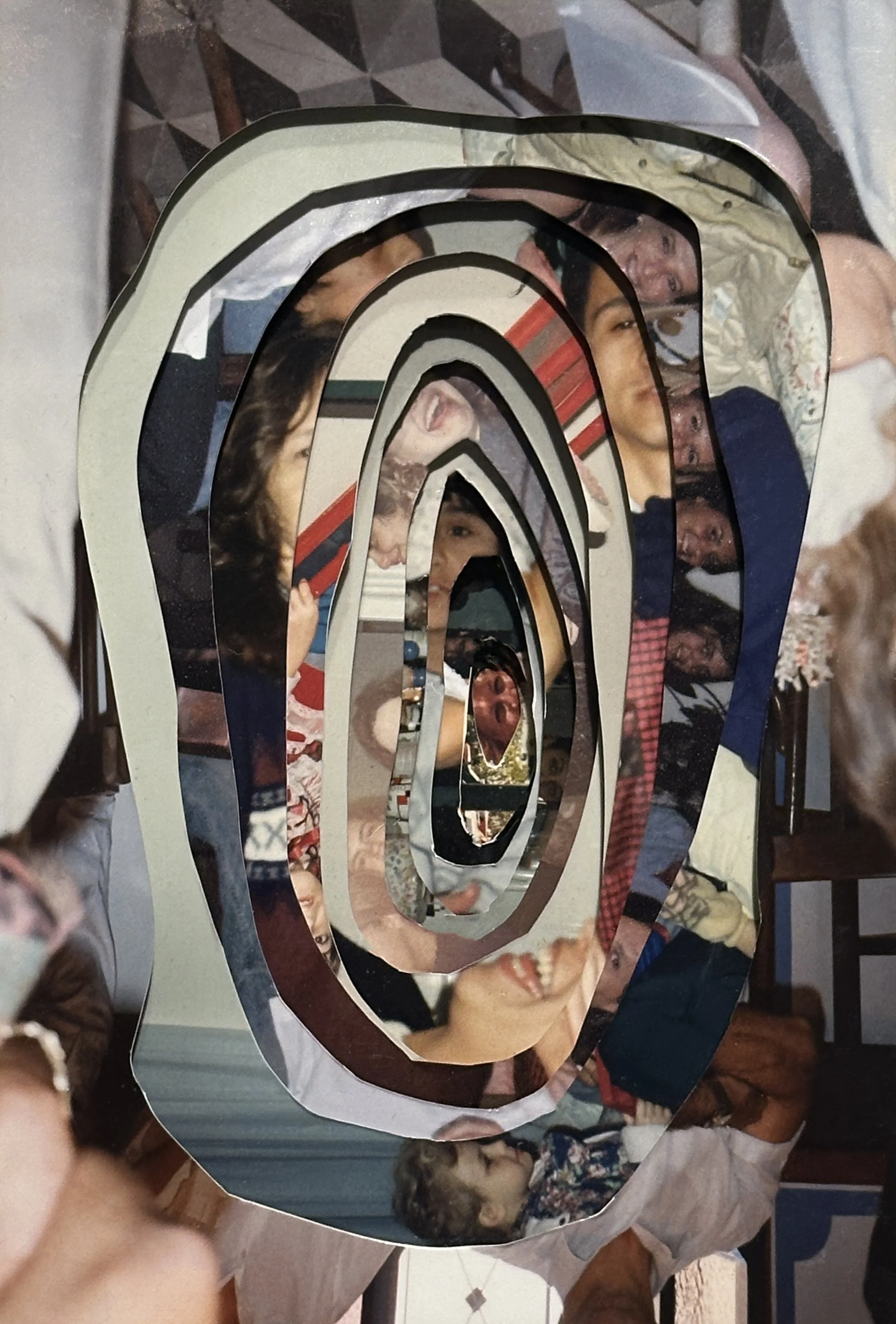 Detail of Memory Excavation with overlapping family photographs, reflecting how memories lose chronological order and become entangled in dementia.
