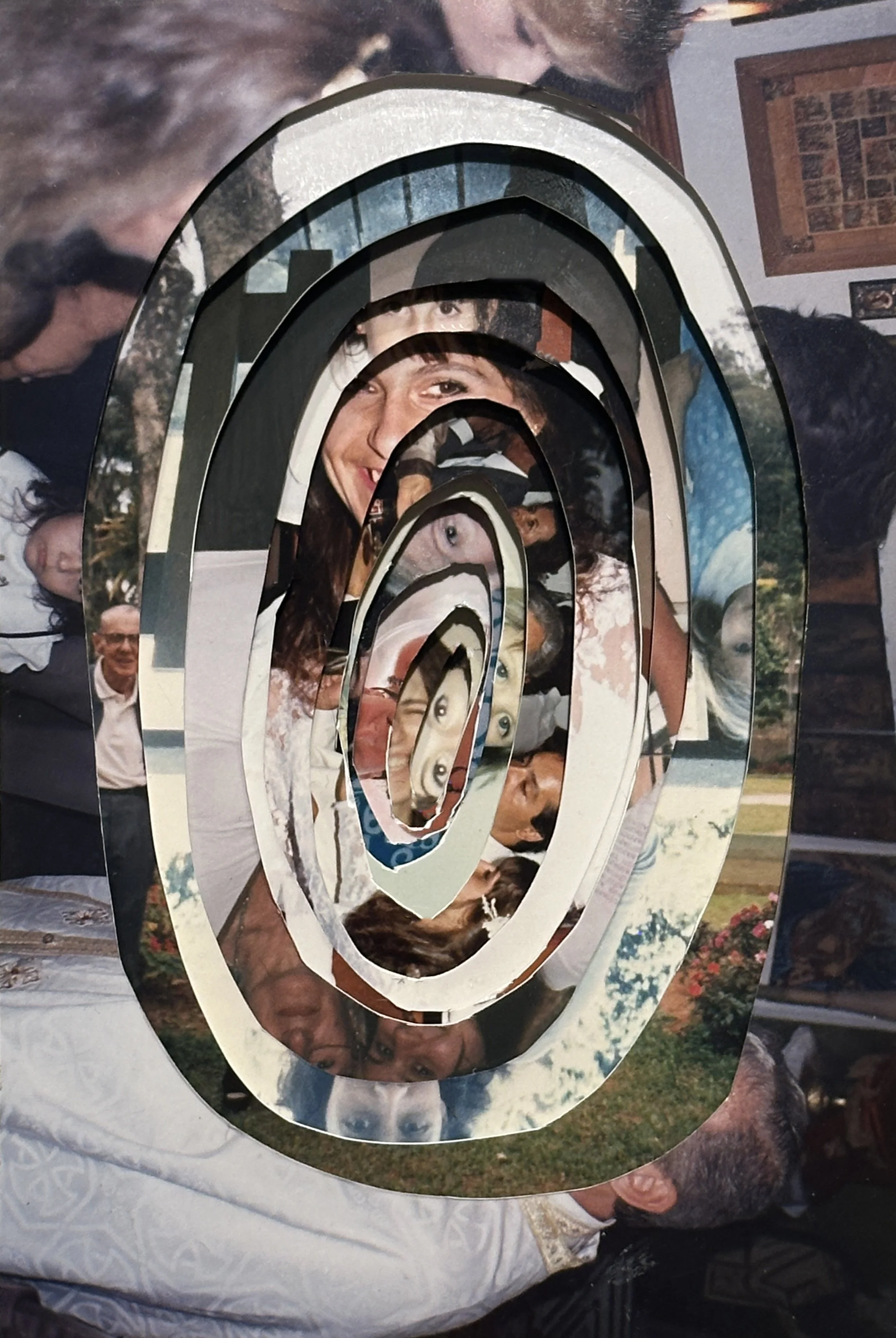 Close view of archival photographs intersecting inside Memory Excavation like fragmented personal memories existing at the same time.
