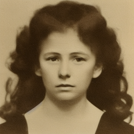 Output 10 from Soft Errors, an early recursive AI image in which the woman's face begins drifting from the archival photograph.