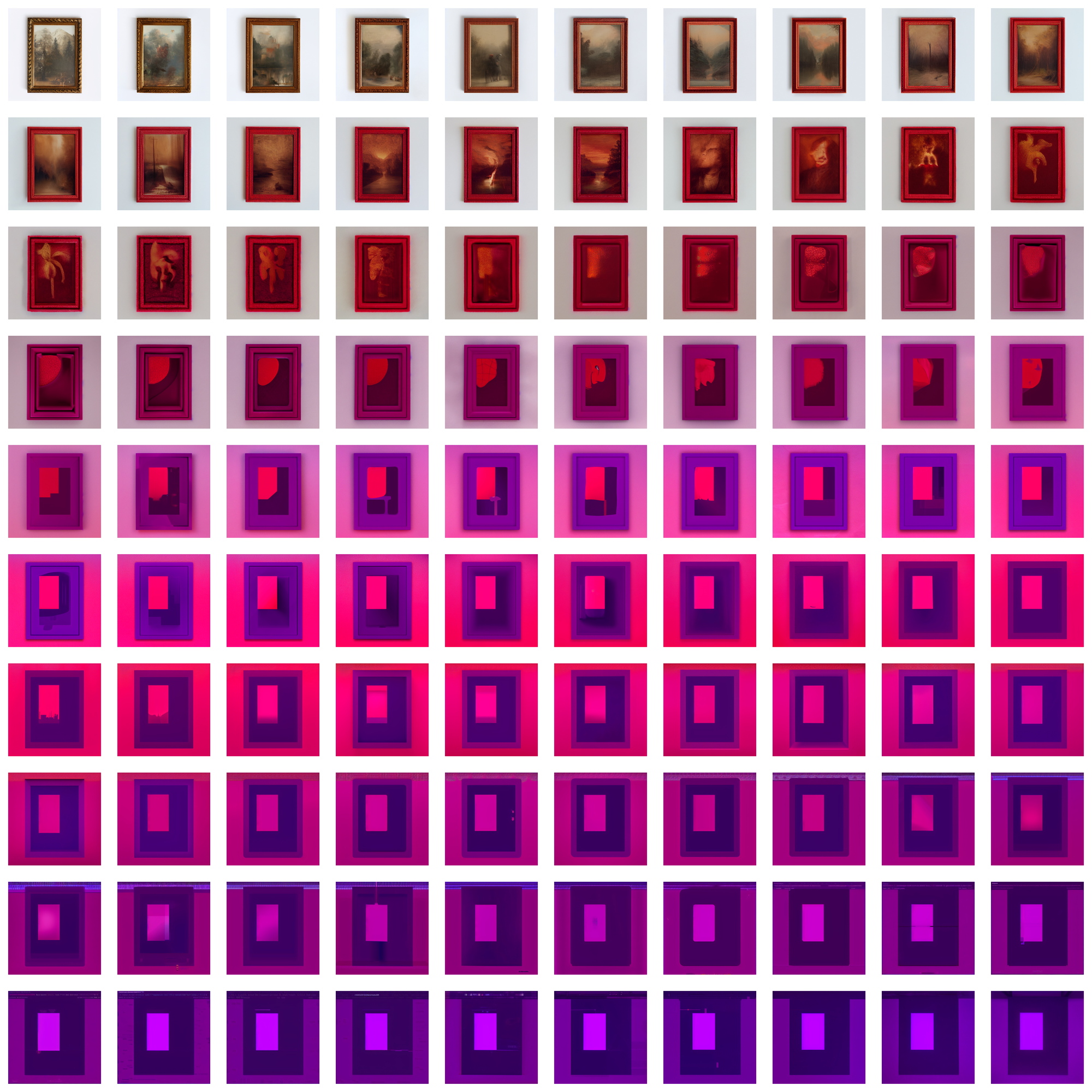 Grid of 100 Feedback Loops iterations showing an emotionally significant object gradually decay into abstract AI-generated imagery.