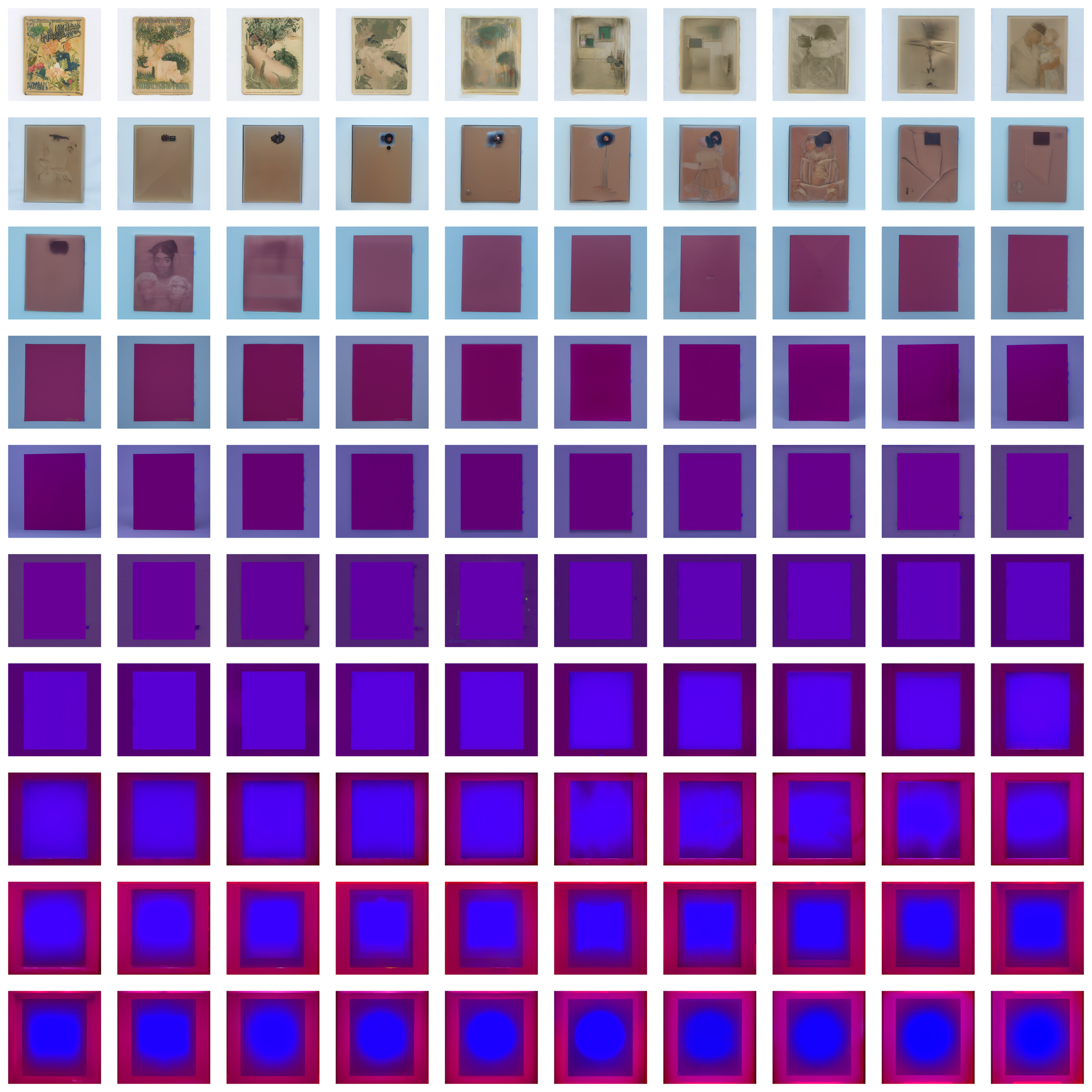 Third grid of Feedback Loops stills showing another personal memory object gradually simplified and abstracted by recursive AI generation.