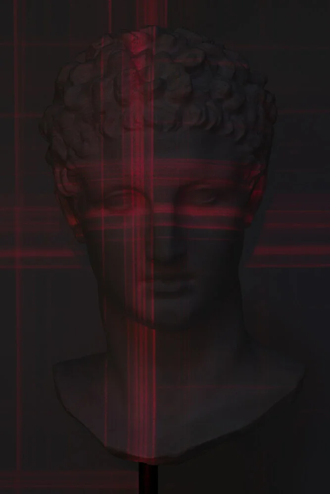 Blind Folded from Image Eaters: a classical bust intersected by a red digital grid, reflecting machine vision and the algorithmic targeting of human sight.