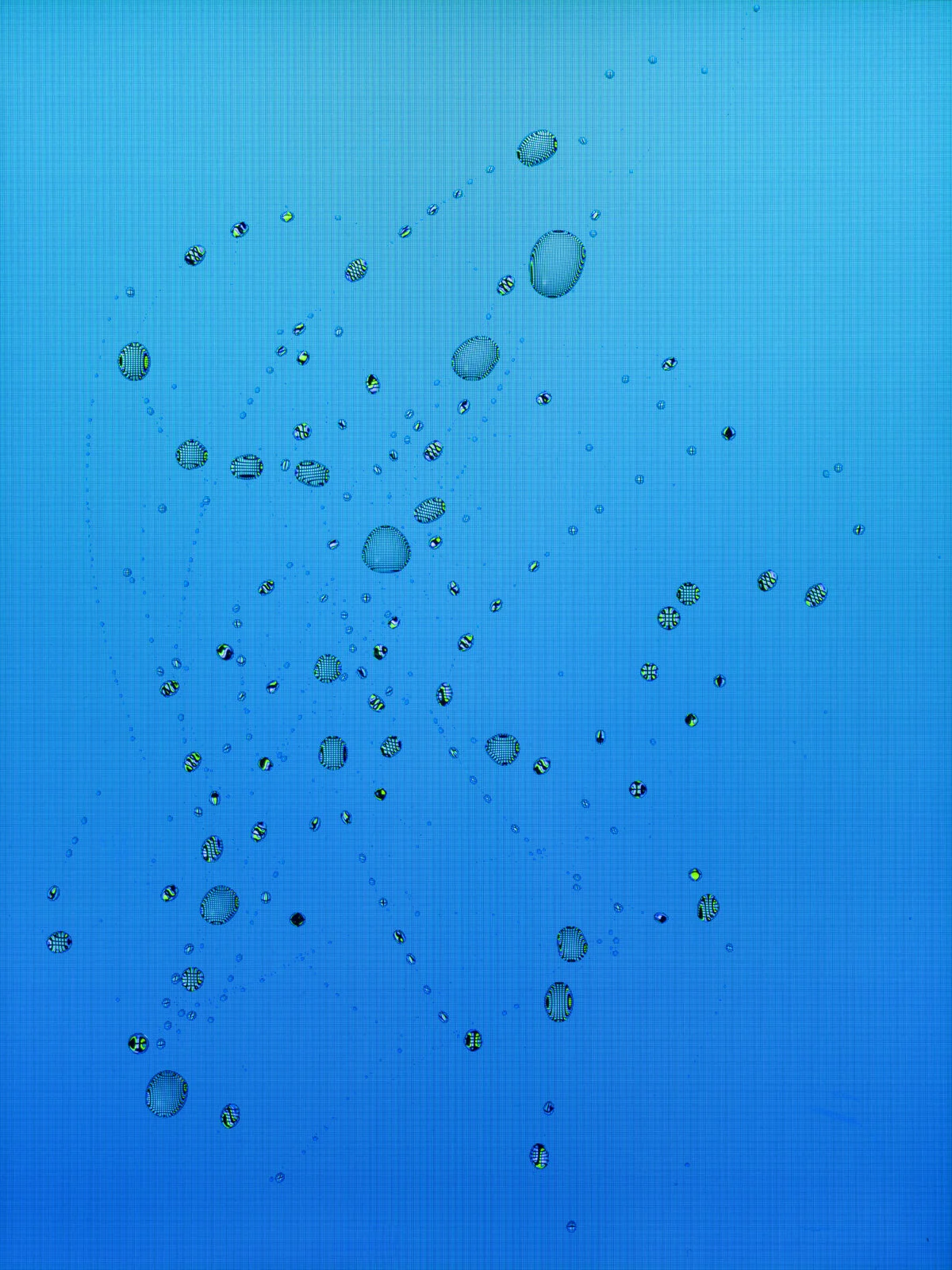 Facebook Messenger image from Tears, Spit & Cum by Maria Mavropoulou, where bodily-fluid droplets magnify and distort a color gradient sampled from the messaging interface.