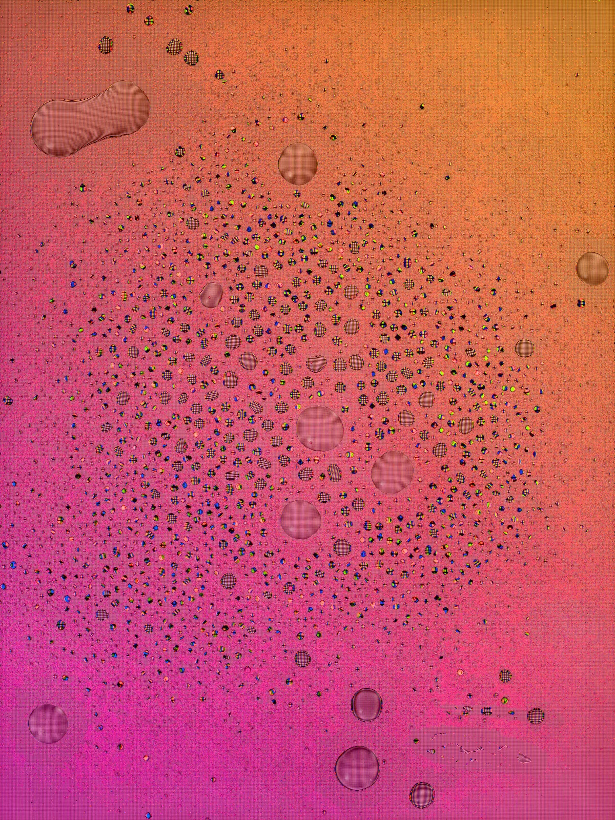 Tinder image from Tears, Spit & Cum, using bodily-fluid droplets and colors sampled from the dating app to explore desire, digital intimacy and disembodied communication.