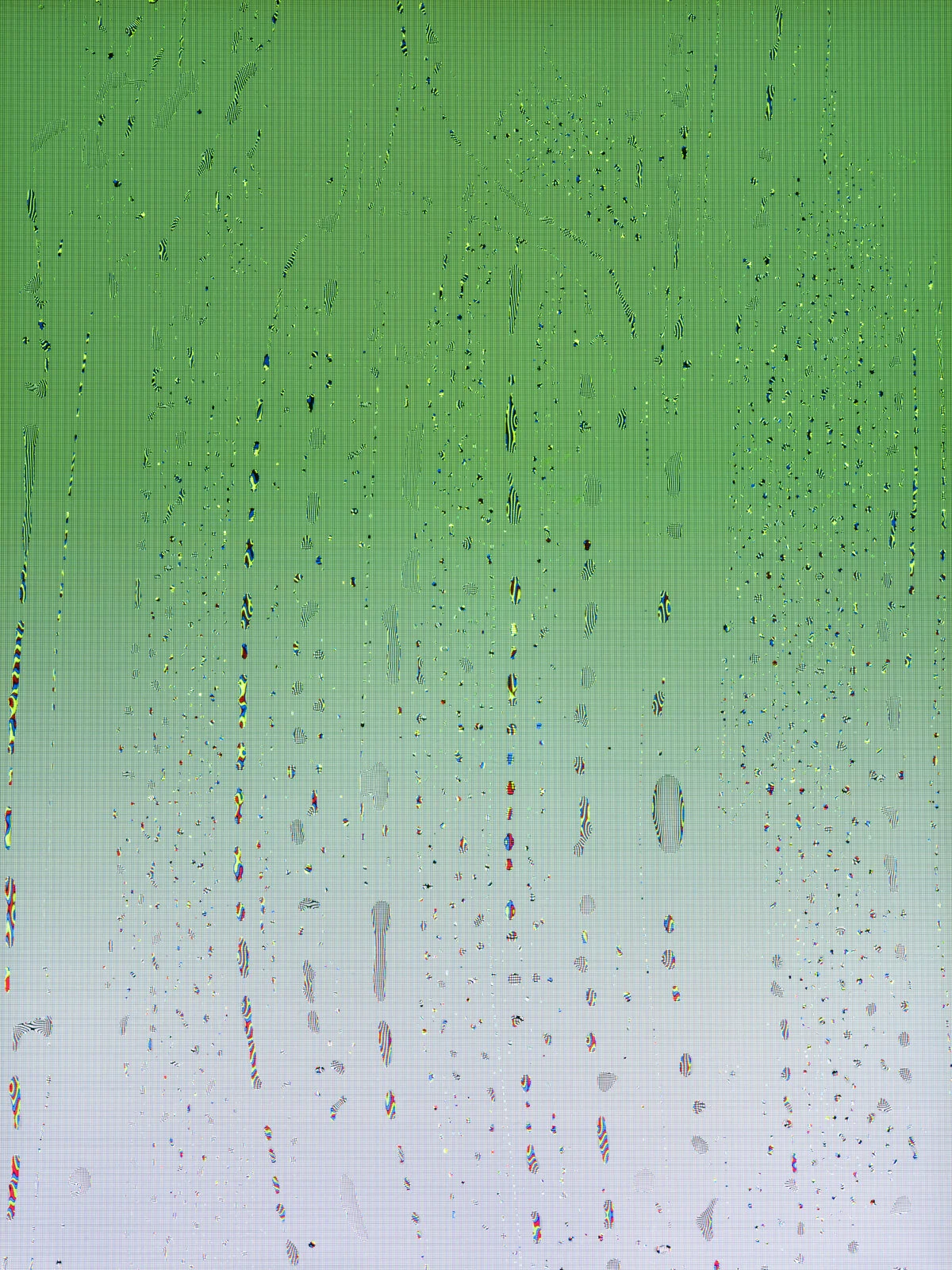 WeChat image from Tears, Spit & Cum, where organic droplets magnify and distort colors sampled from the messaging platform, connecting physical emotion with digital communication.
