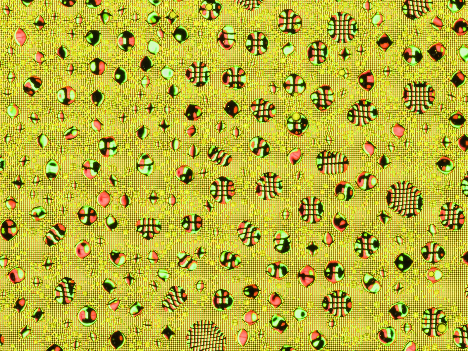 Magnified detail of the Snapchat image from Tears, Spit & Cum, revealing droplets acting as lenses over the screen’s pixels and color gradients.