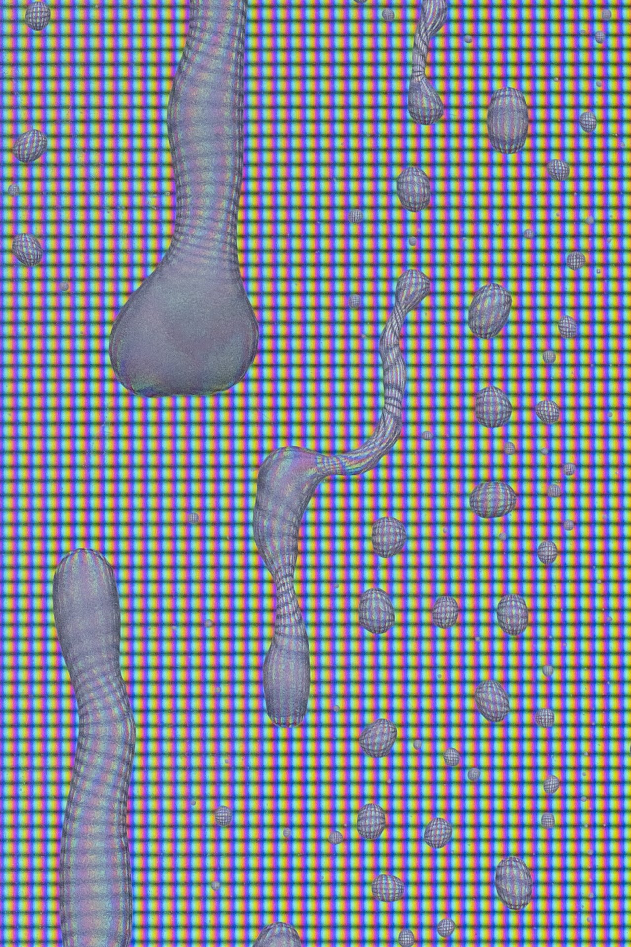 Macro image from Tears, Spit & Cum, showing bodily-fluid droplets scattered across RGB screen pixels and transforming the digital surface through refraction.