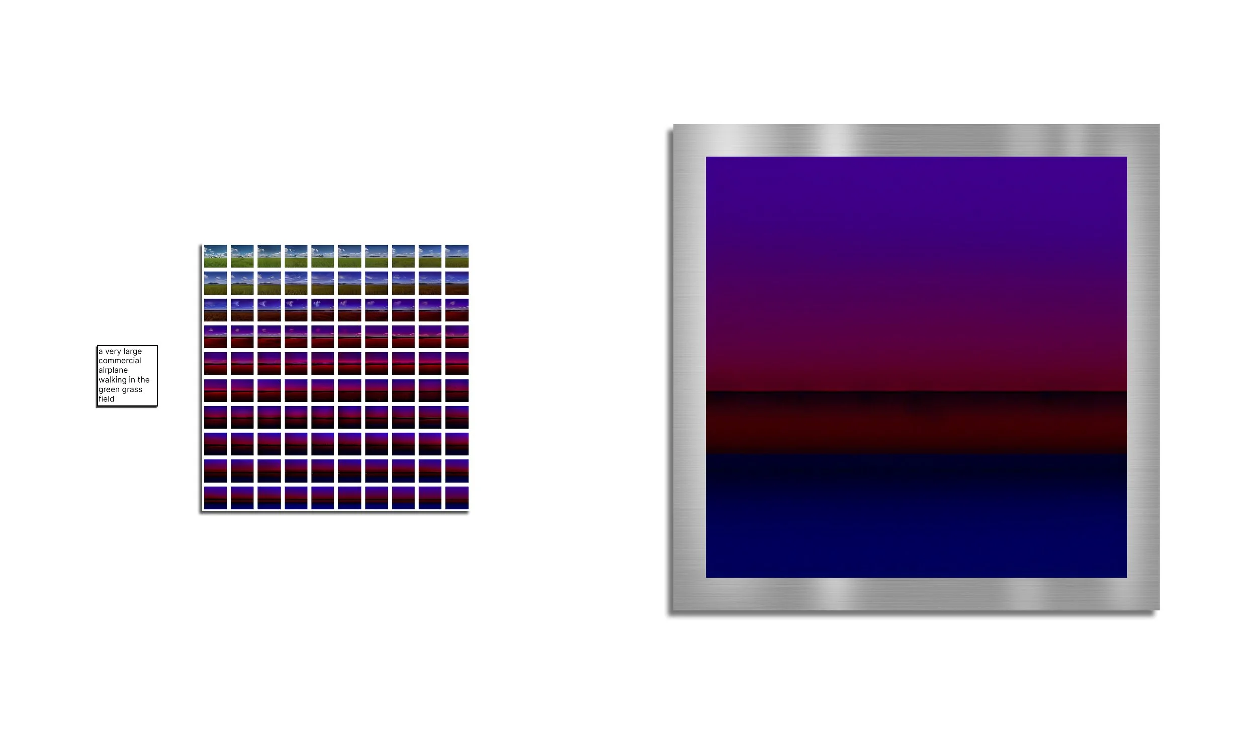 Installation proposal for Afterimages showing 100 recursive AI image iterations beside a framed purple-to-black color field.