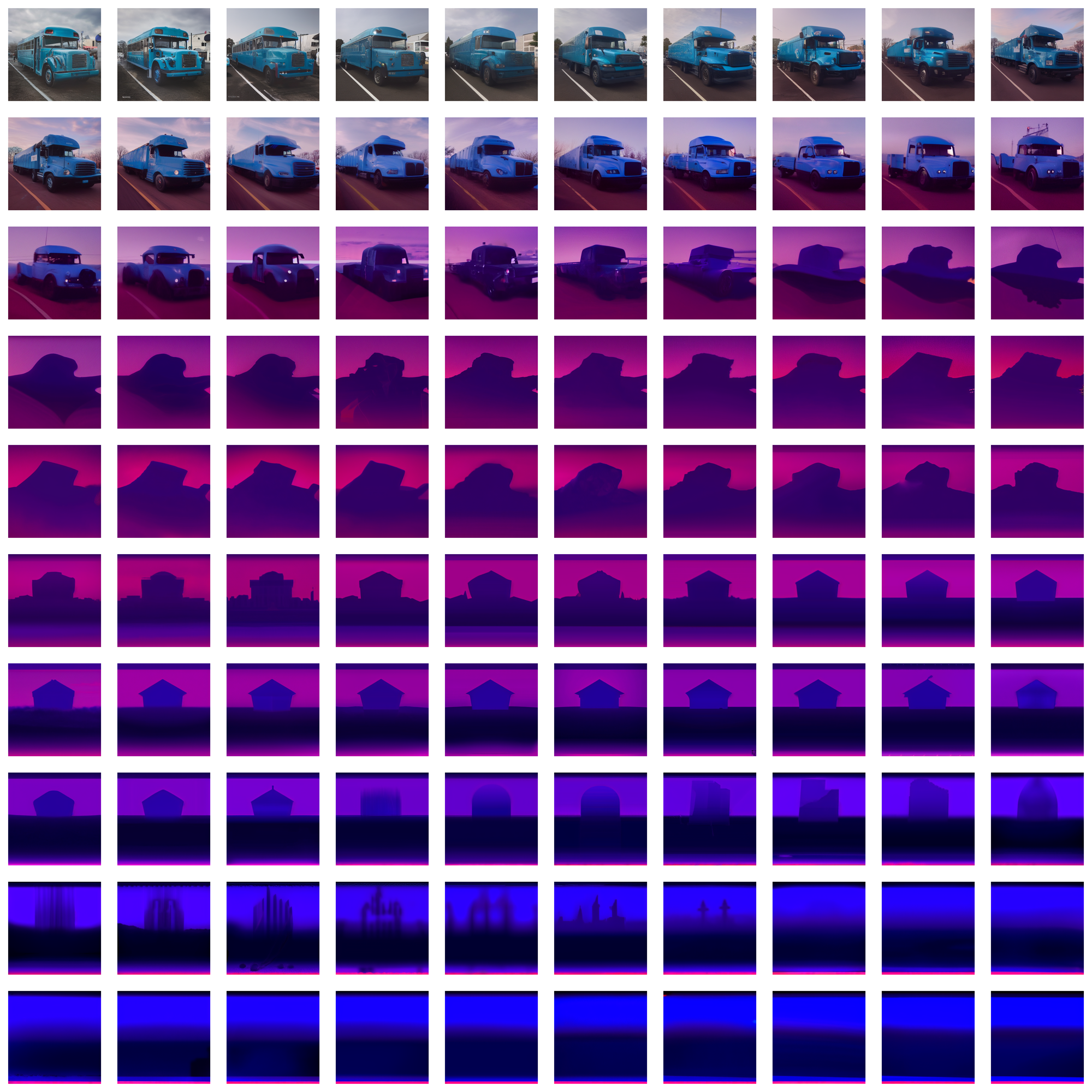 Grid showing 100 recursive AI iterations of a blue school bus prompt in Afterimages.