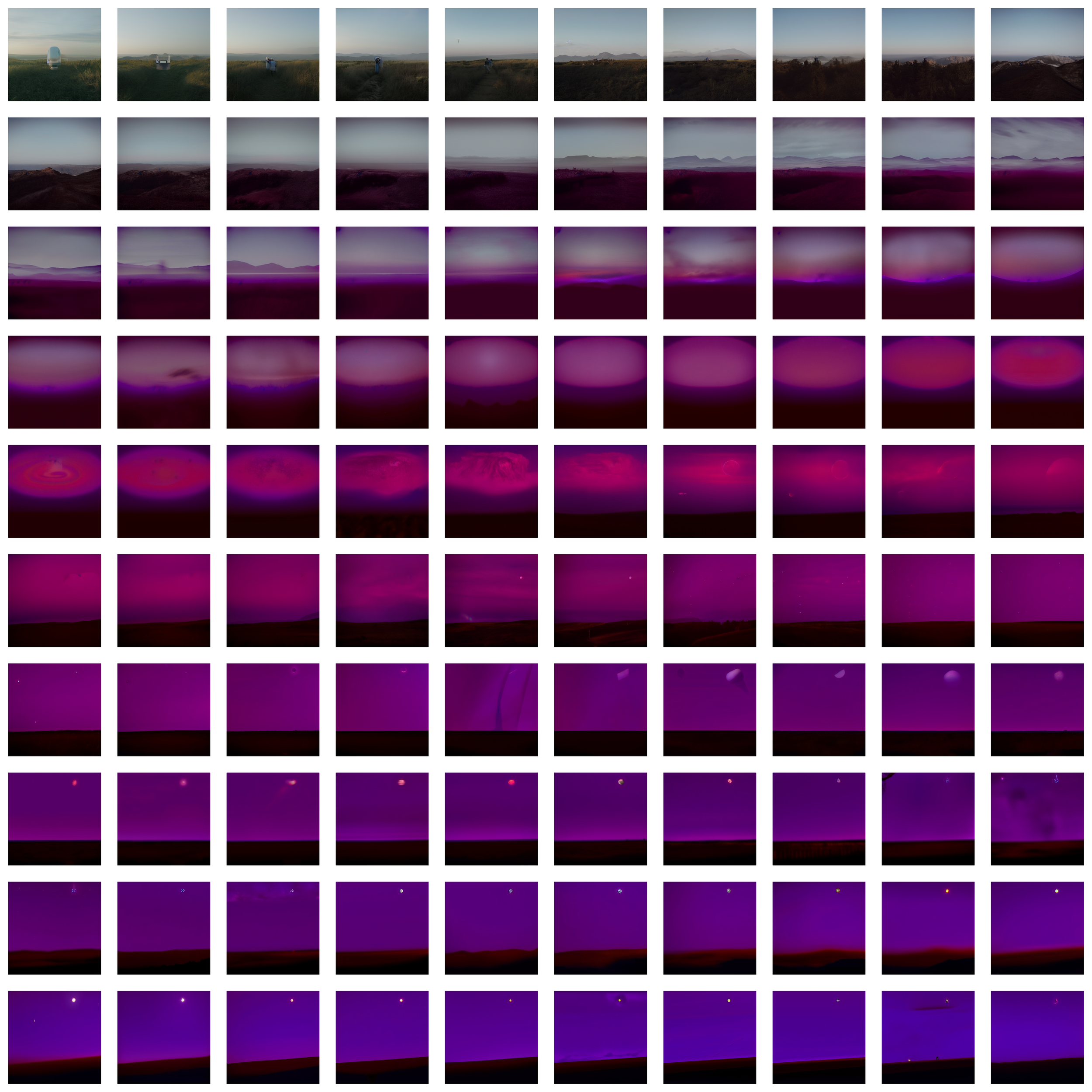 Grid showing recursive AI iterations of an open toilet seat in a grass field.