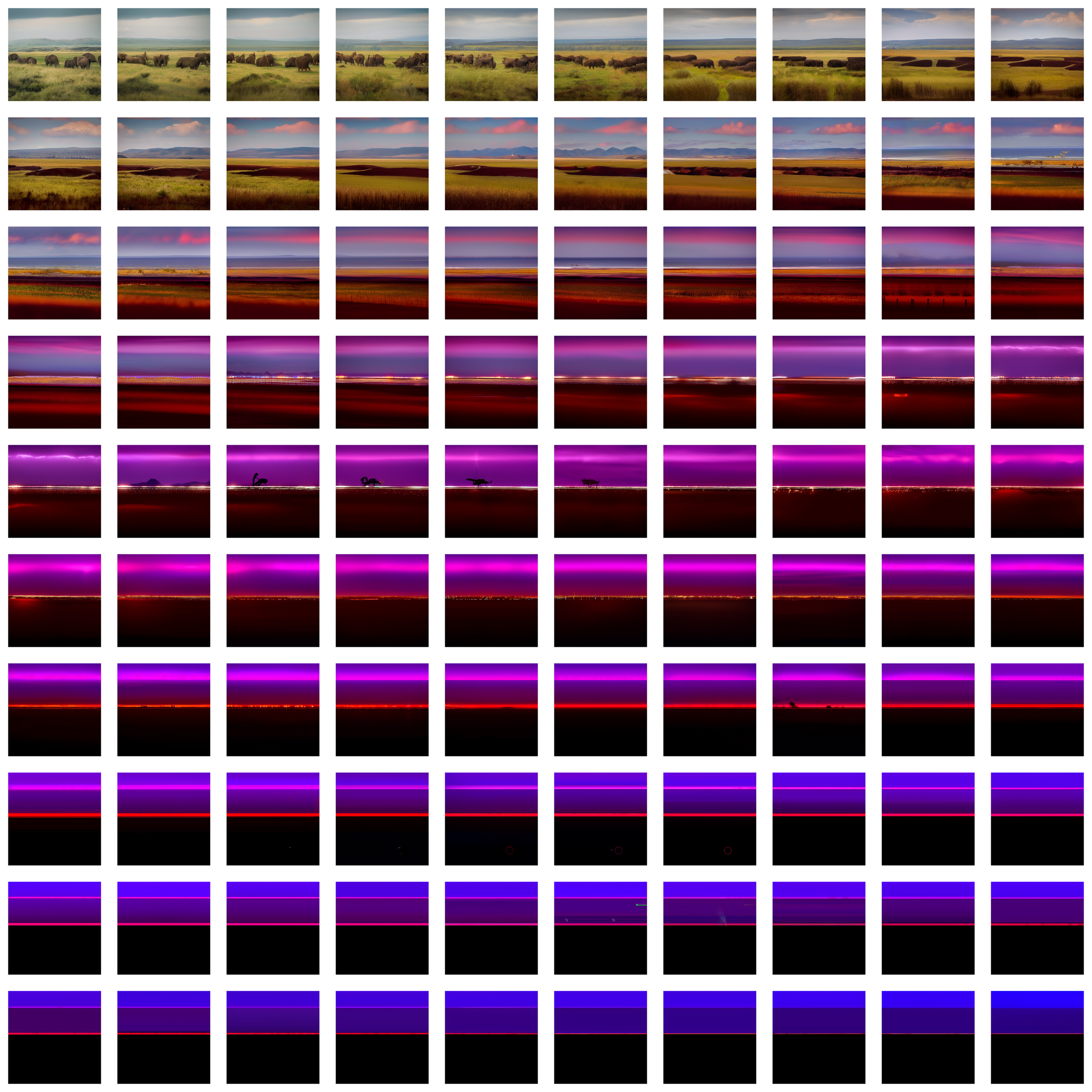 Grid showing recursive AI iterations of a herd of elephants crossing a green field.