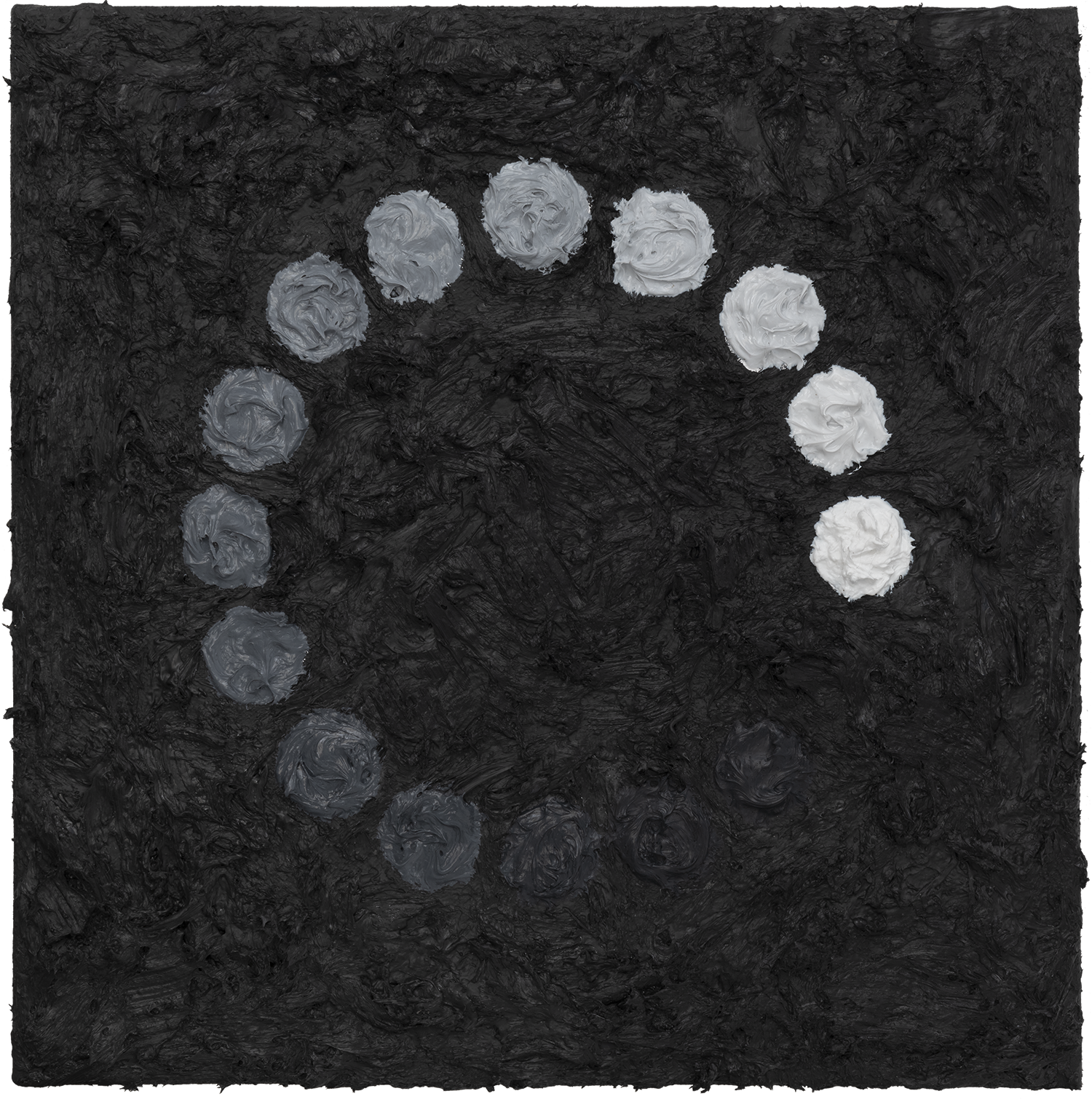Typology of Waiting, 2020: acrylic painting of a large circular sequence of textured dots fading from black to white, giving a digital loading symbol physical form.